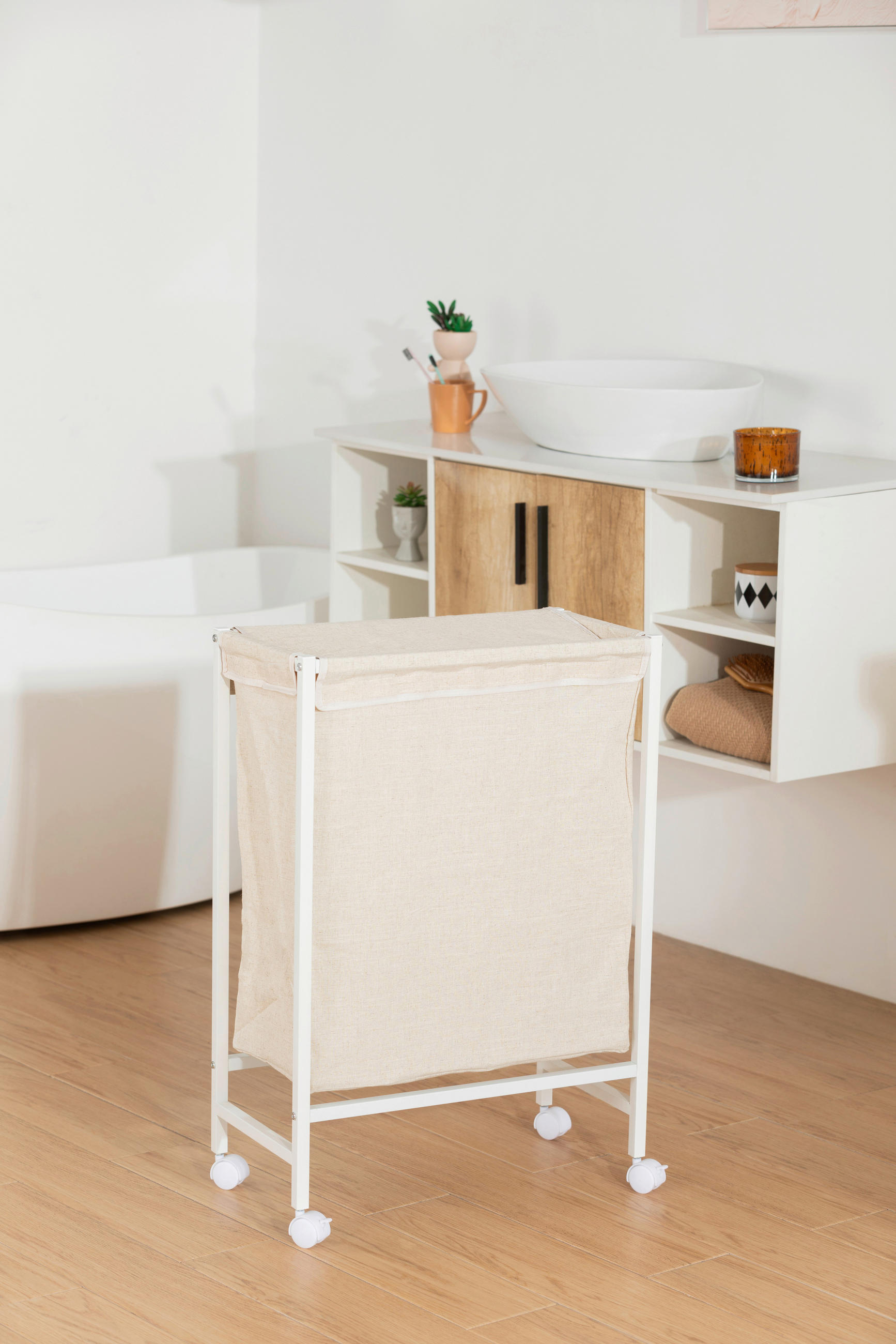 WÄSCHEKORB - Beige/Weiß, MODERN, Textil/Metall (55/78/29cm) - PBJ