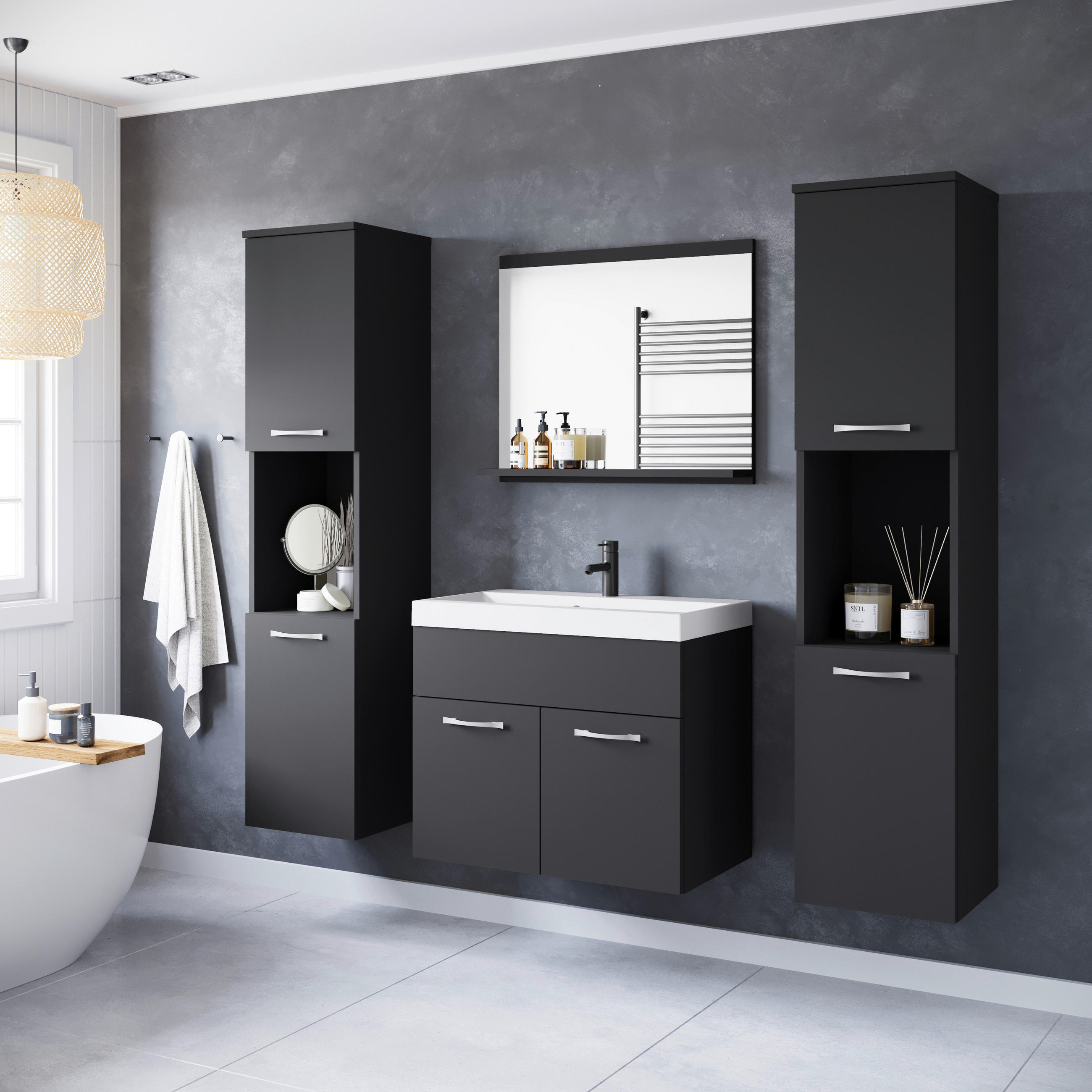 BADEZIMMER 5-teilig  in  - Weiss/Graphitfarben, Lifestyle, Keramik/Holzwerkstoff (120,4/132,8/35cm) - P & B