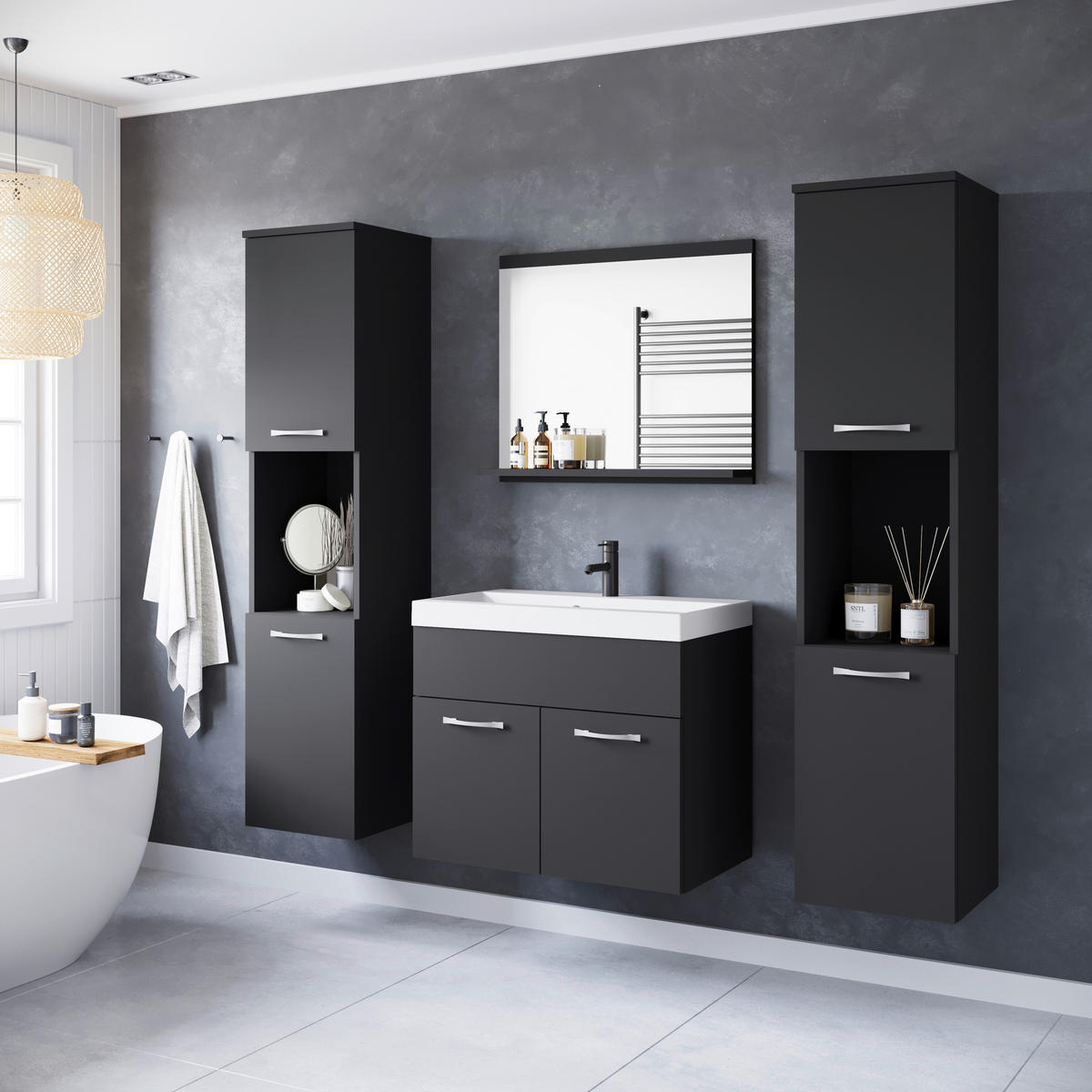 BADEZIMMER 5-teilig  in  - Graphitfarben/Schwarz, LIFESTYLE, Keramik/Holzwerkstoff (120,4/132,8/35cm) - P & B