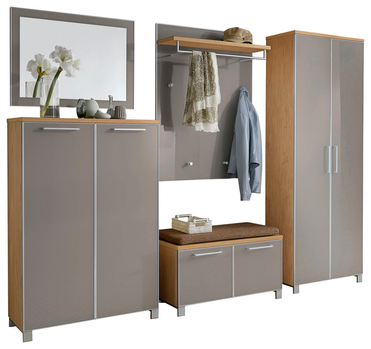 GARDEROBE 6-teilig  in 260/193/40 cm  - Taupe/Hellbraun, Design, Glas/Holz (260/193/40cm)