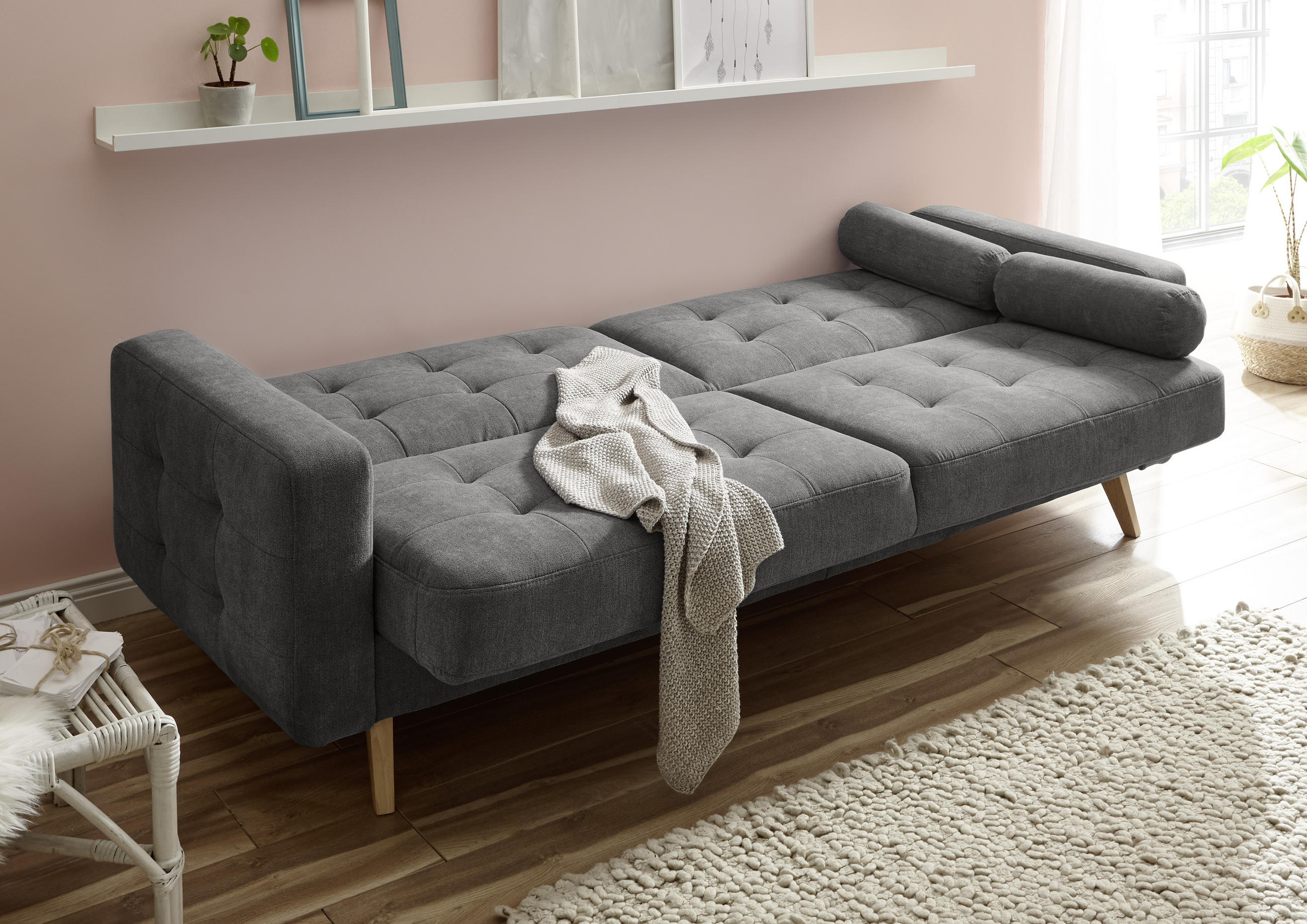 SCHLAFSOFA Mikrovelours Grau  - Schlammfarben/Eichefarben, MODERN, Holz/Textil (222/86/90cm) - MID.YOU