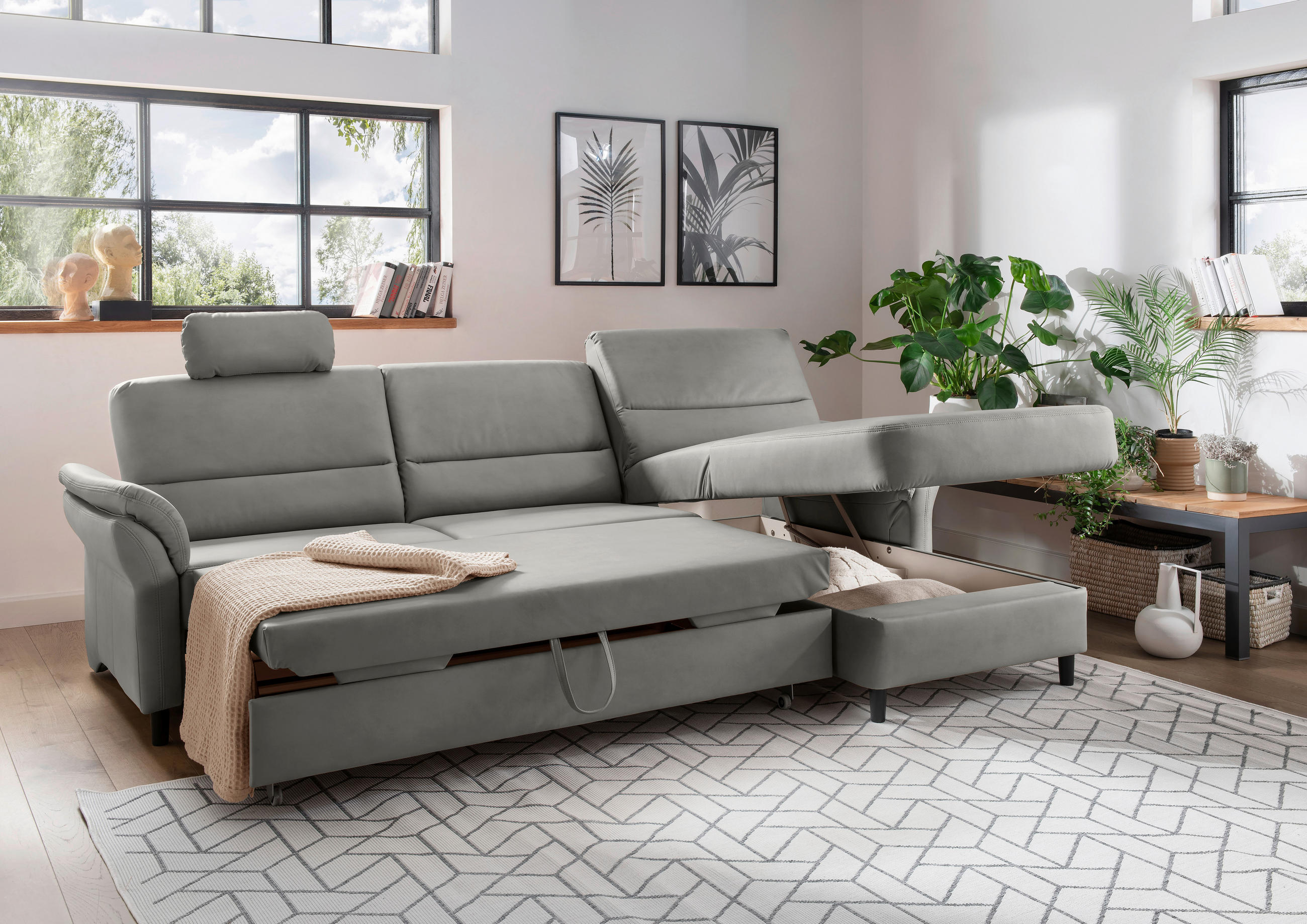 ECKSOFA in Lederlook Grau - Schwarz/Grau, Modern, Holz/Textil (279/176cm) - Livetastic