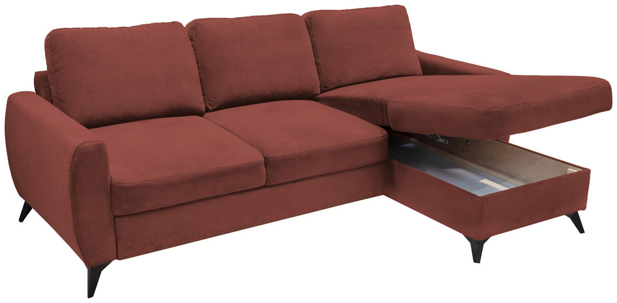 ECKSCHLAFSOFA JEFFREY Mikrovelours Rotbraun  inkl. Zierkissen, Rückenkissen, Stauraum  - Rotbraun/Schwarz, KONVENTIONELL, Textil/Metall (230/150cm) - Livetastic