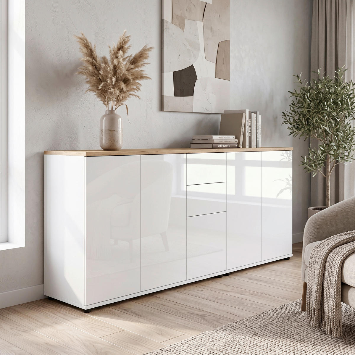 SIDEBOARD   - Weiß Hochglanz/Schwarz, MODERN, Holzwerkstoff/Kunststoff (184,5/73/33cm) - MID.YOU