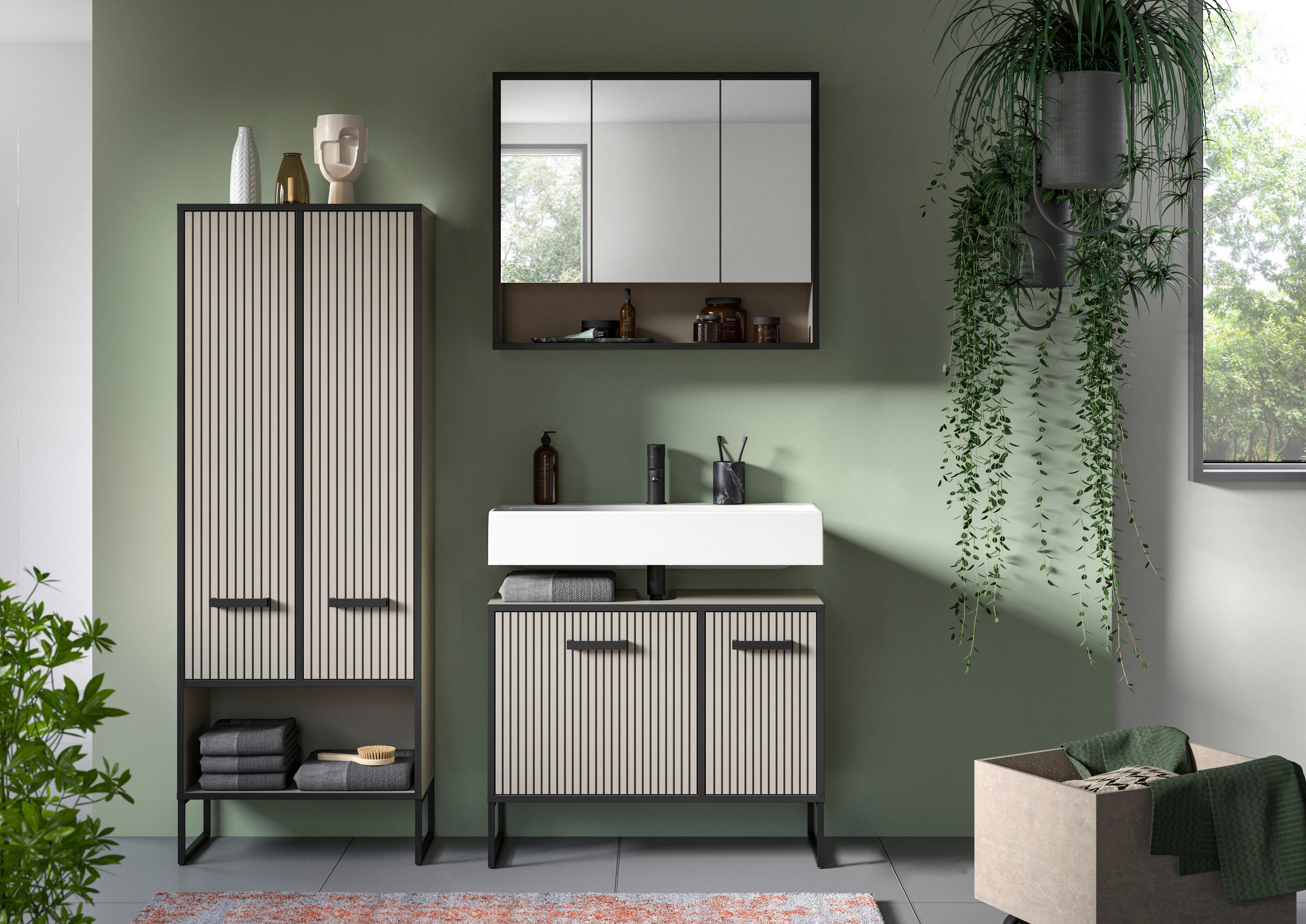BADEZIMMER 3-teilig  in 139 cm  - Kaschmir/Schwarz, MODERN, Holzwerkstoff/Metall (139cm) - MID.YOU