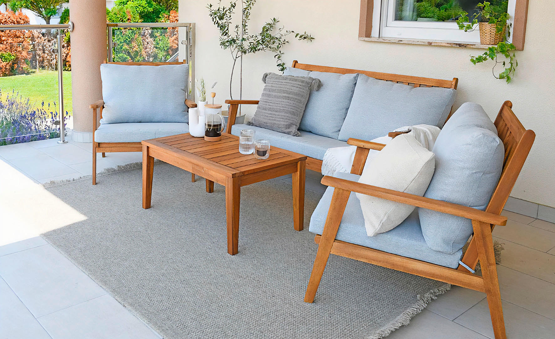 LOUNGEGARNITUR 4-teilig   Akazie massiv  - Hellgrau/Akaziefarben, MODERN, Holz/Textil - MID.YOU