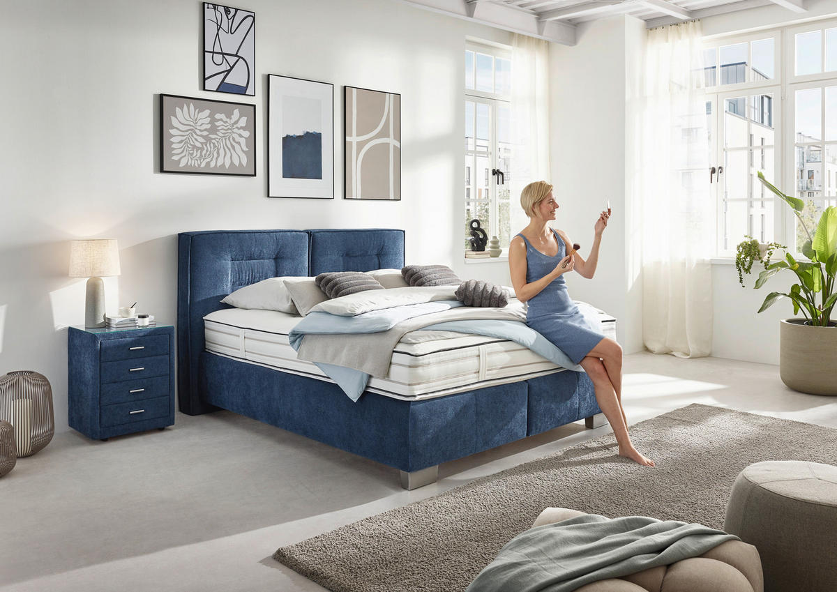 BOXSPRINGBETT 200/200 cm  in Dunkelblau  - Chromfarben/Dunkelblau, KONVENTIONELL, Textil/Metall (200/200cm) - Dieter Knoll