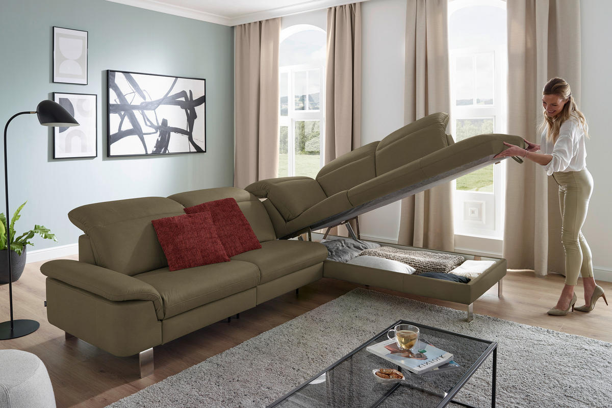 ECKSOFA in Echtleder Olivgrün  309/233 cm  - Edelstahlfarben/Olivgrün, Design, Leder/Metall (309/233cm) - Dieter Knoll