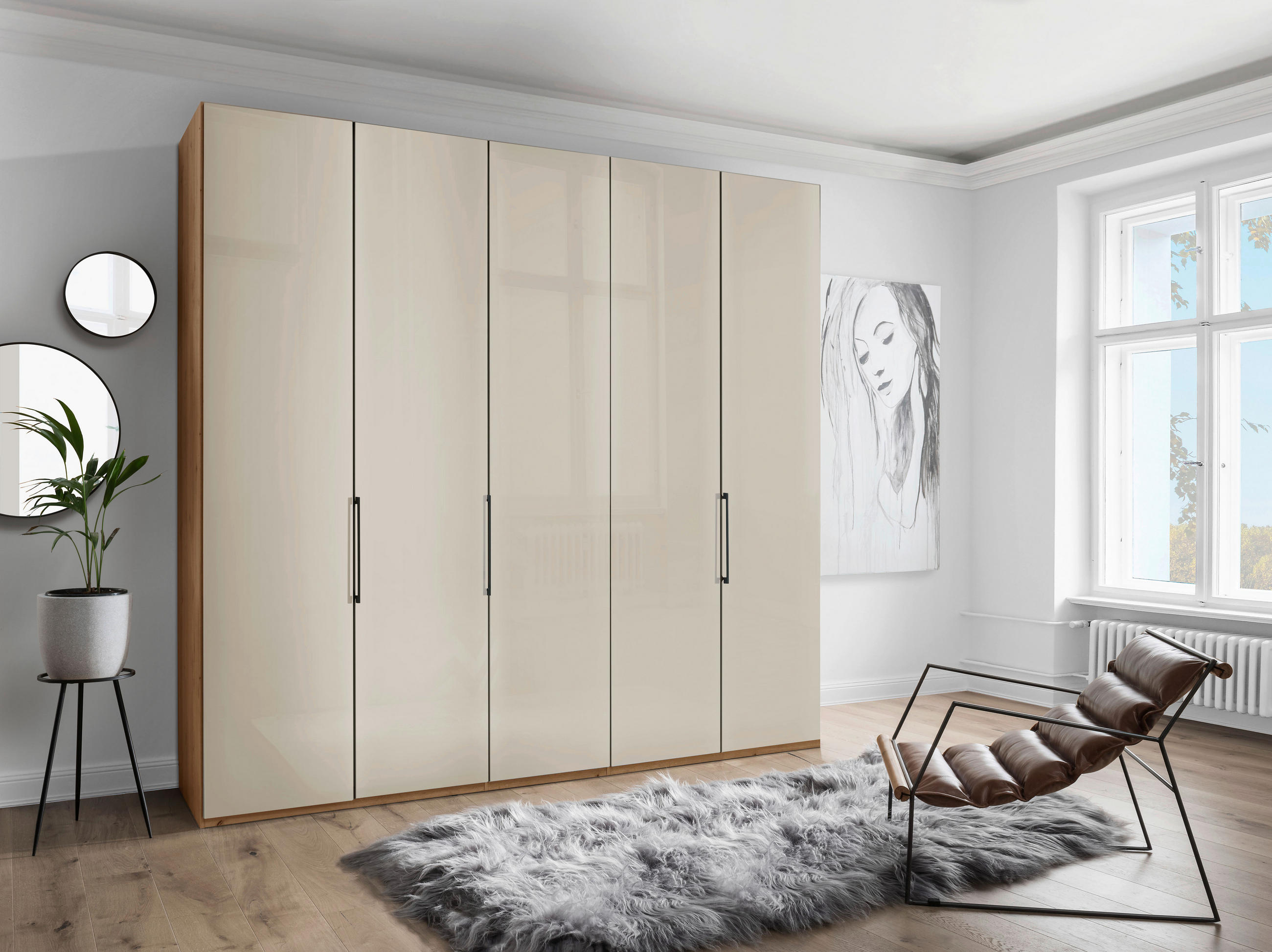 DREHTÜRENSCHRANK 5-türig Champagner, Eiche Bianco - Schieferfarben/Eiche Bianco, KONVENTIONELL, Glas/Holzwerkstoff (250/216/58cm) - Dieter Knoll