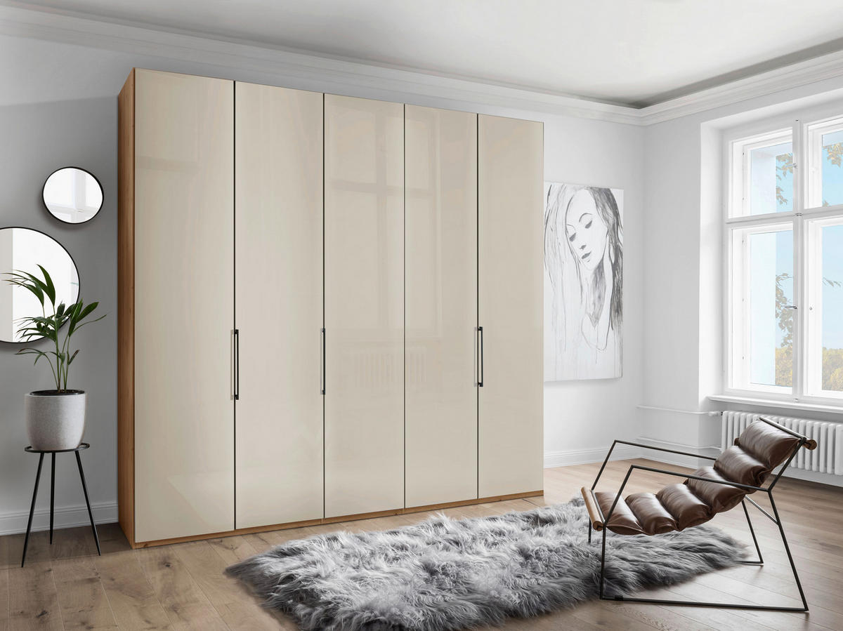 DREHTÜRENSCHRANK 250/216/58 cm 5-türig Champagner, Eiche Bianco  - Schieferfarben/Eiche Bianco, KONVENTIONELL, Glas/Holzwerkstoff (250/216/58cm) - Dieter Knoll