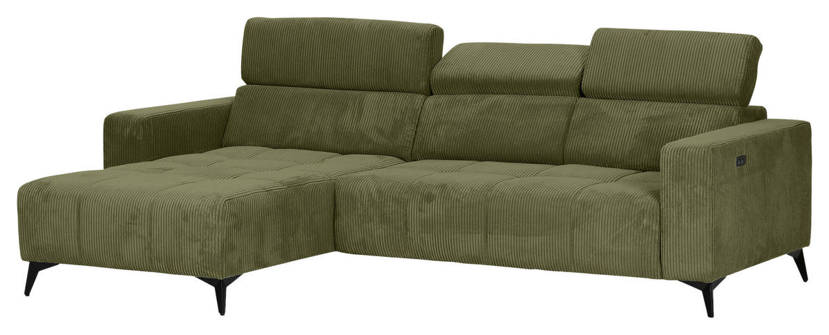 ECKSOFA Olivgrün Cord Rücken echt, Kopfteilverstellung, Sitzvorzug  - Schwarz/Olivgrün, KONVENTIONELL, Textil/Metall (170/257cm) - Carryhome