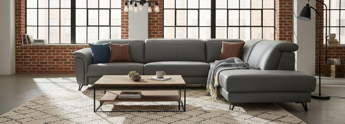 ECKSOFA Dunkelgrau Echtleder  - Dunkelgrau/Schwarz, MODERN, Leder/Holz (303/240cm) - Livetastic