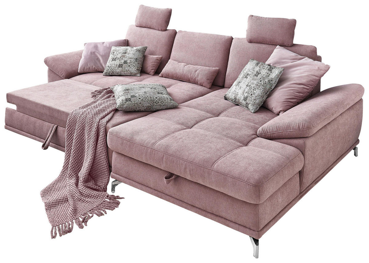 ECKSOFA Flieder Flachgewebe Bettkasten, Schlaffunktion, Sitztiefenverstellung, Kopfstütze, Liegefläche im Originalstoff  - Silberfarben/Flieder, KONVENTIONELL, Textil/Metall (301/176cm) - Sit & More