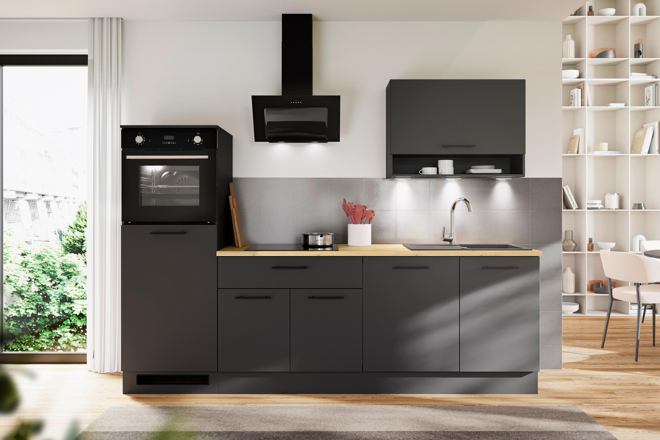 P & B Küchenleerblock Berlin Schwarz, Eiche Artisan 260 cm