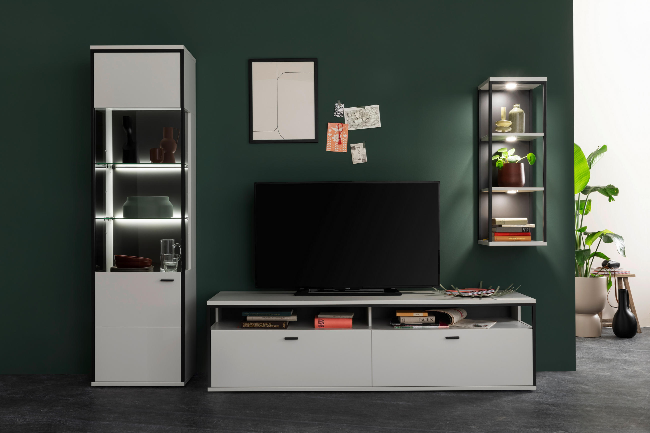 WOHNWAND  in Schwarz, Weiss 265/199/51 cm  - Weiss/Schwarz, Design, Glas/Holzwerkstoff (265/199/51cm) - Stylife