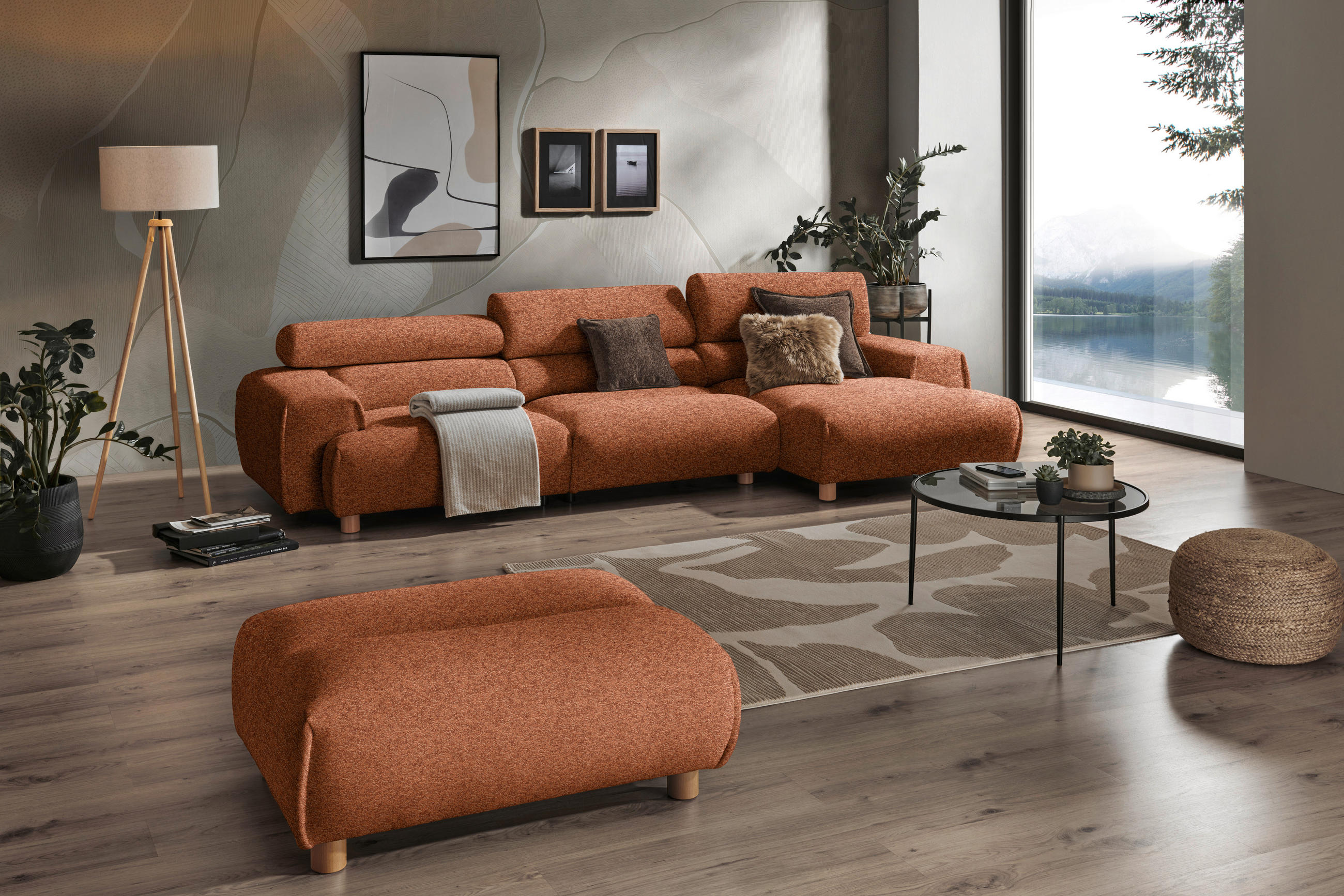 ECKSOFA in Velours Terracotta  329/150 cm  - Buchefarben/Terracotta, Design, Holz/Textil (329/150cm) - Lomoco