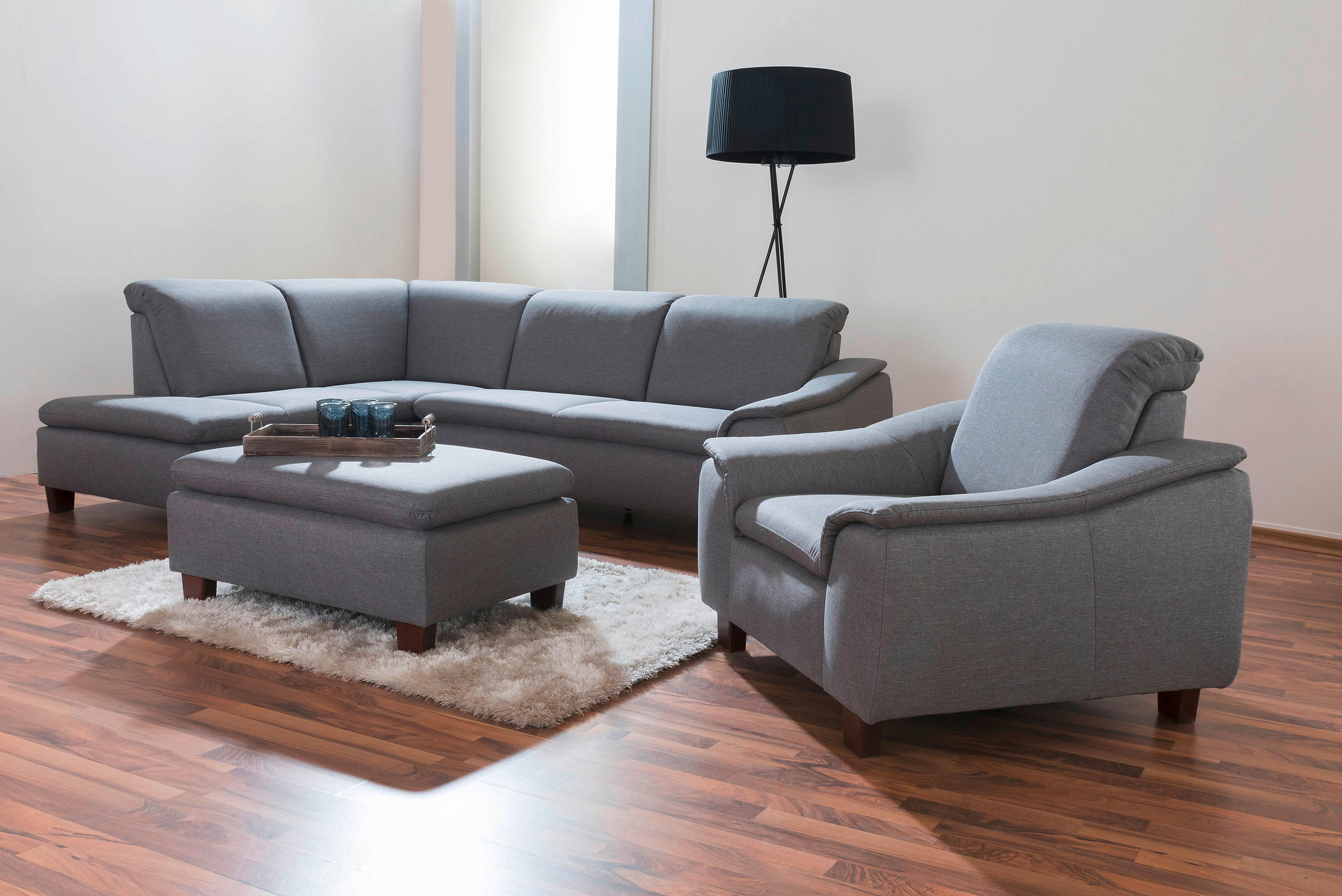 ECKSOFA Hellgrau Flachgewebe  - Nussbaumfarben/Hellgrau, Design, Holz/Textil (247/82/187cm) - Max Winzer