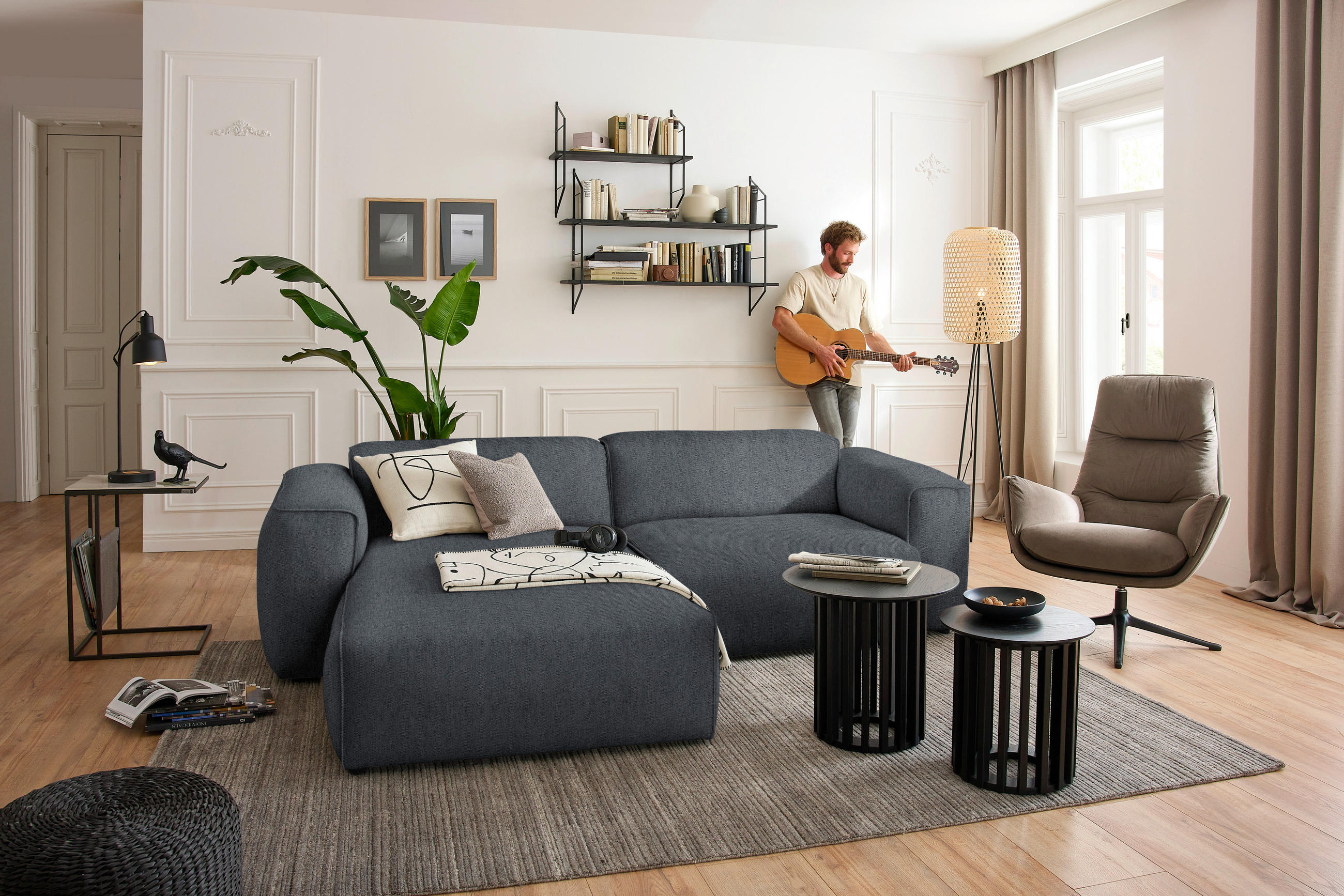 ECKSOFA in Webstoff Dunkelgrau  171/265 cm  - Dunkelgrau/Schwarz, Design, Kunststoff/Textil (171/265cm) - home24