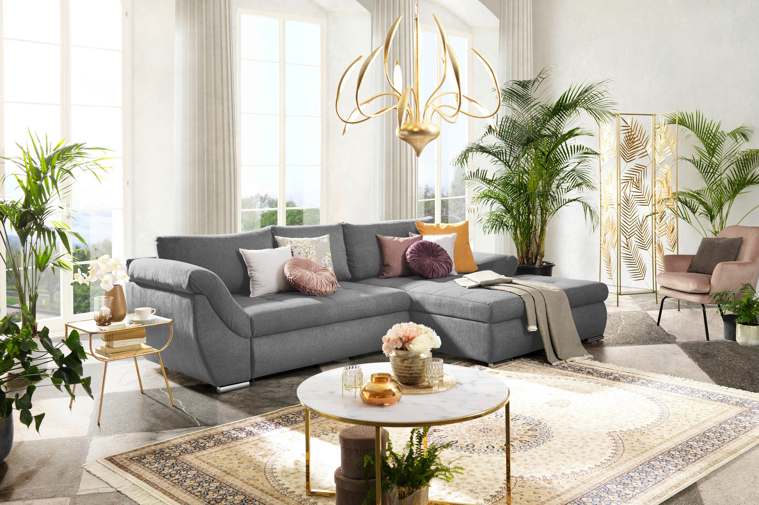 ECKSOFA Hellgrau Flachgewebe  - Silberfarben/Hellgrau, Design, Textil/Metall (306/174cm) - Carryhome