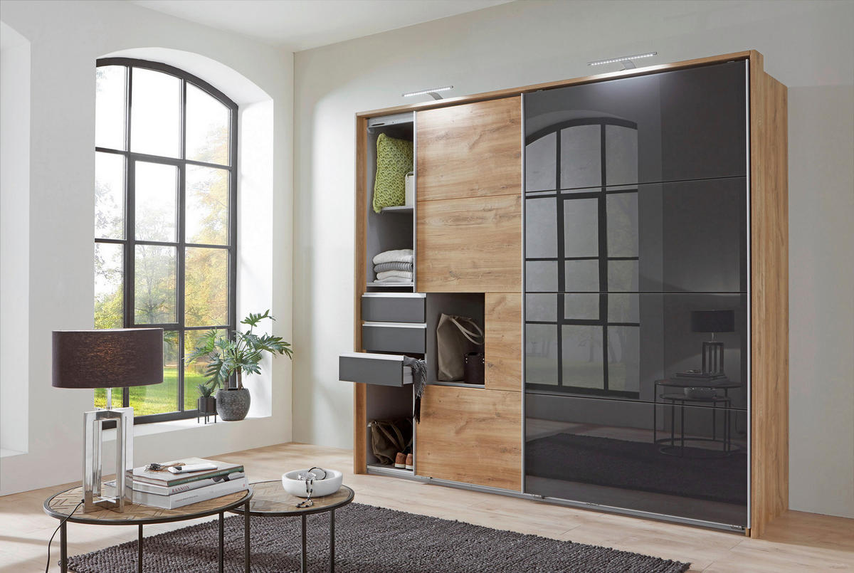 GARDEROB MED SKJUTDÖRRAR 225/208/64 cm 2-dörrar - aluminiumfärg/grafitfärgad, Klassisk, metall/trämaterial (225/208/64cm) - Carryhome