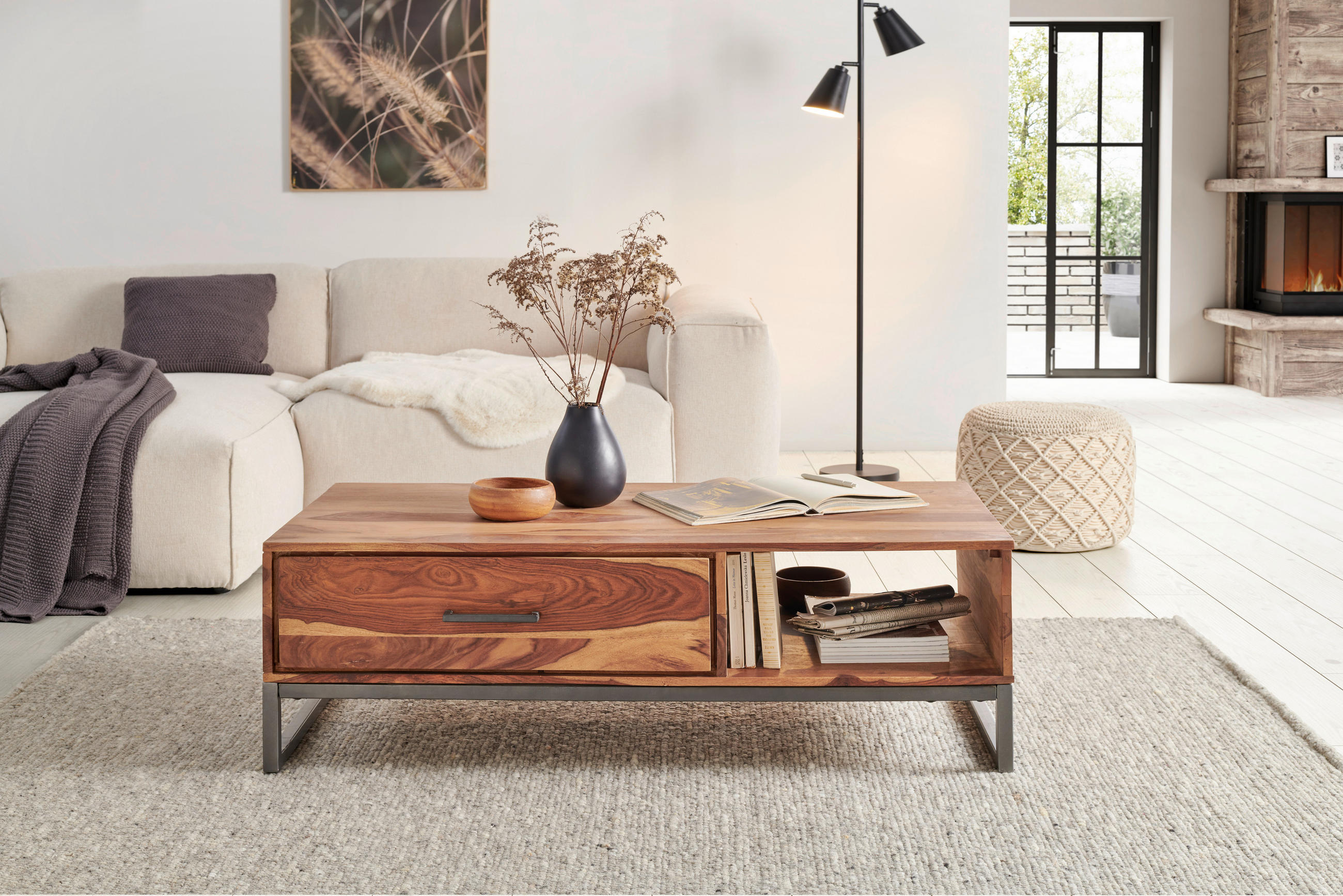 COUCHTISCH Sheesham massiv 60/120/38 cm rechteckig Anthrazit, Naturfarben  - Anthrazit/Naturfarben, LIFESTYLE, Holz/Metall (60/120/38cm) - MID.YOU