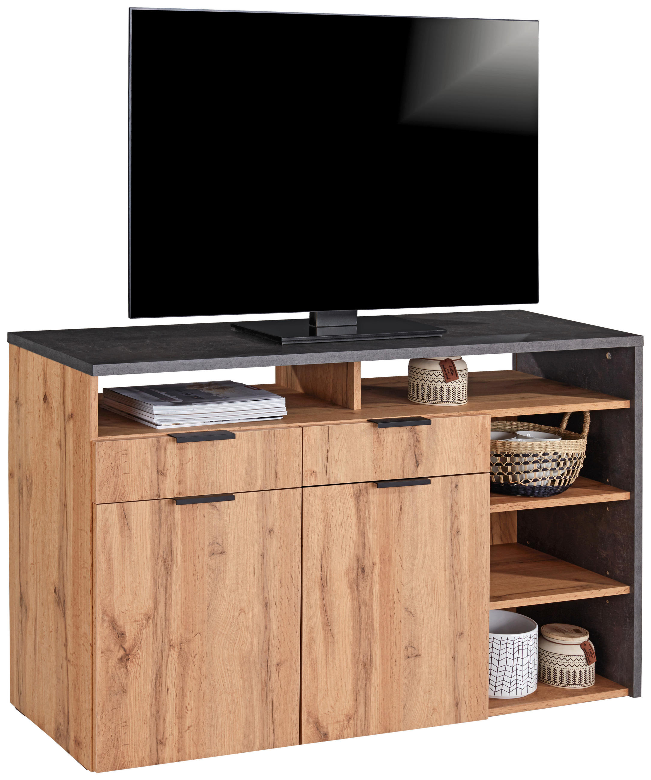 TV MIZICA barve hrasta  - barve hrasta/barve aluminija, Moderno, kovina/leseni material (130/80/40cm) - Carryhome