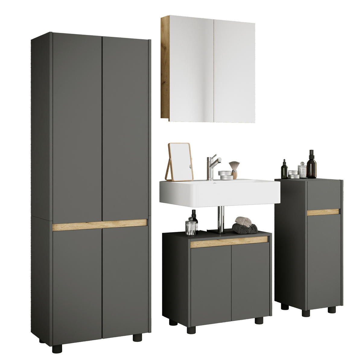 BADEZIMMER 4-teilig  in 154 cm  - Honigeiche/Anthrazit, Trend, Holzwerkstoff/Kunststoff (154cm) - MID.YOU