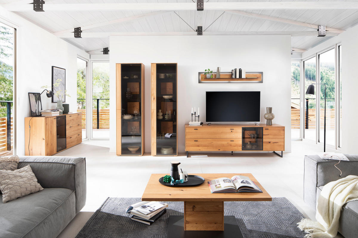 WOHNWAND  in Wildeiche 359/206/50 cm  - Wildeiche/Schwarz, Design, Glas/Holz (359/206/50cm) - MID.YOU