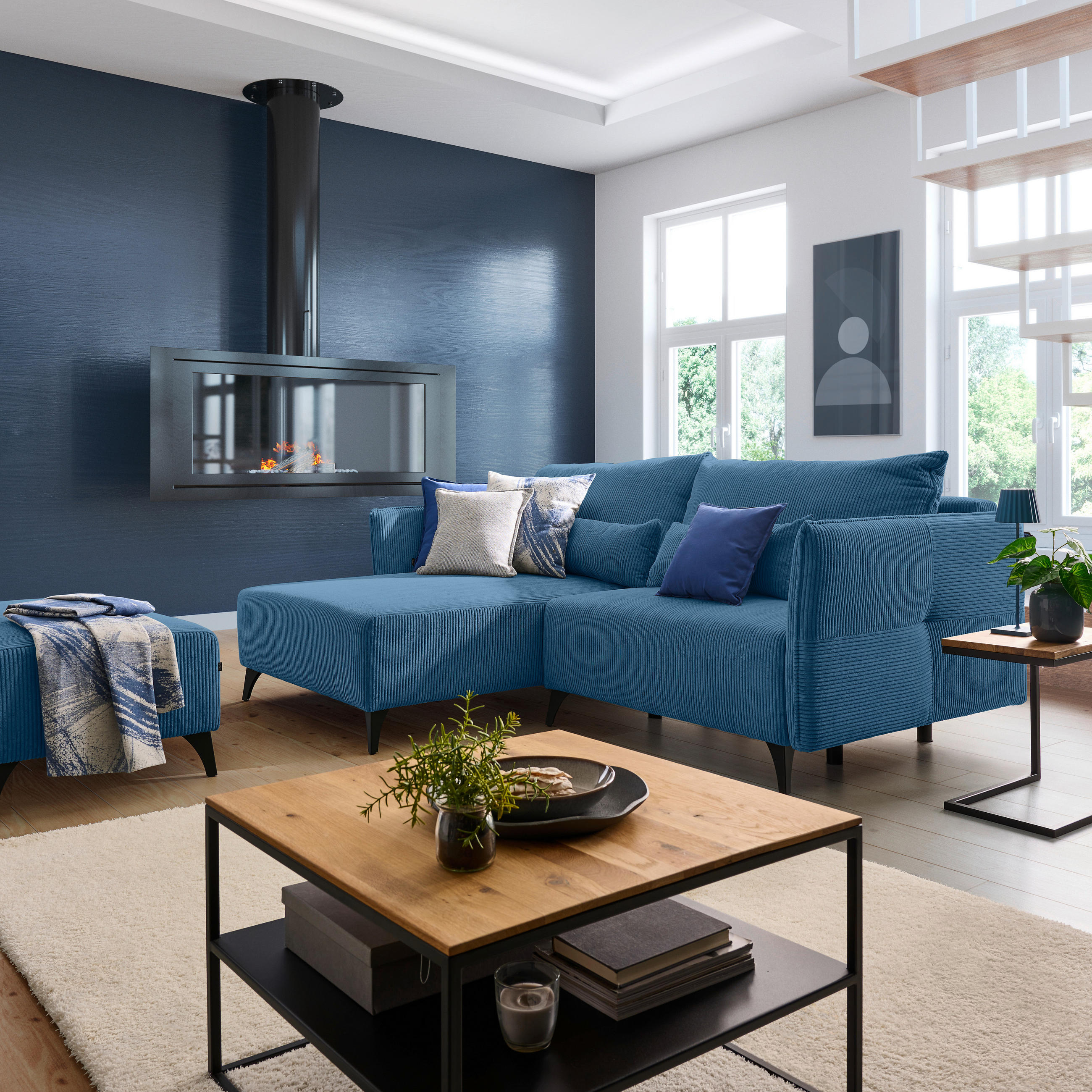 ECKSOFA Blau Cord  - Blau/Schwarz, Design, Textil/Metall (175/254cm) - Stylife