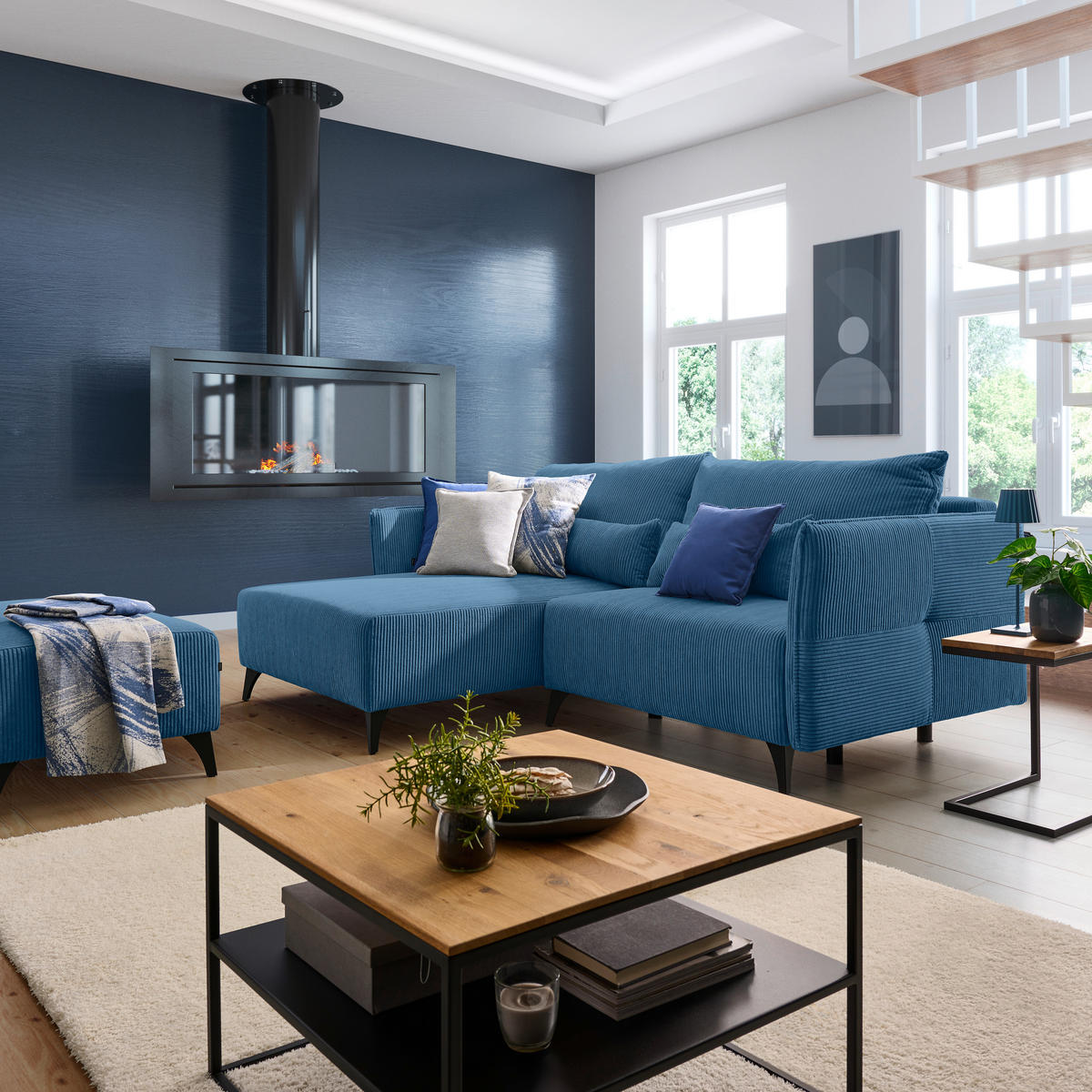 ECKSOFA Blau Cord  - Blau/Schwarz, Design, Textil/Metall (175/254cm) - Stylife