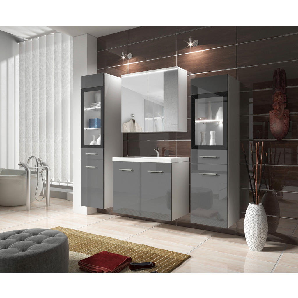 Badmöbel-set 5-tlg. Inkl. Led Madrit Weiß/grau Hochglanz