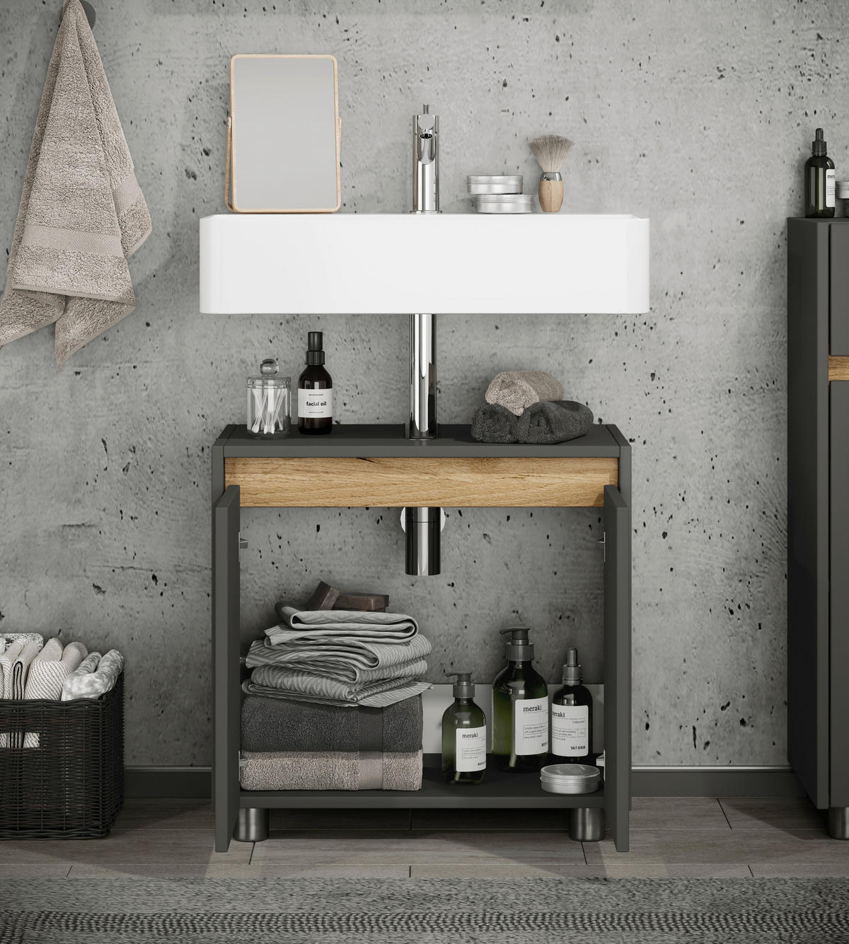 WASCHBECKENUNTERSCHRANK 57/55/33 cm  - Honigeiche/Anthrazit, Trend, Holzwerkstoff/Kunststoff (57/55/33cm) - MID.YOU