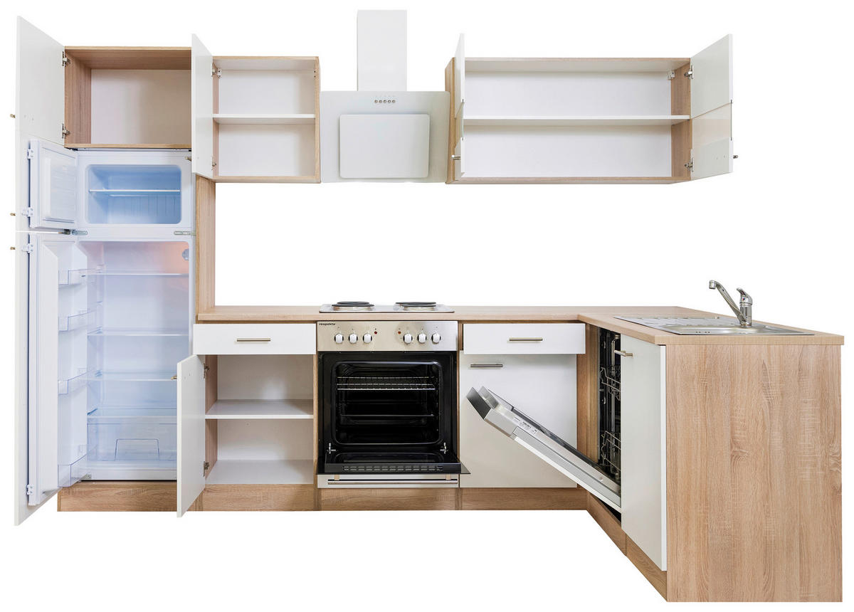 ECKKÜCHE 280/172 cm  in Weiss, Eichefarben  - Weiss/Eichefarben, Basics, Glas/Holzwerkstoff (280/172cm) - Respekta