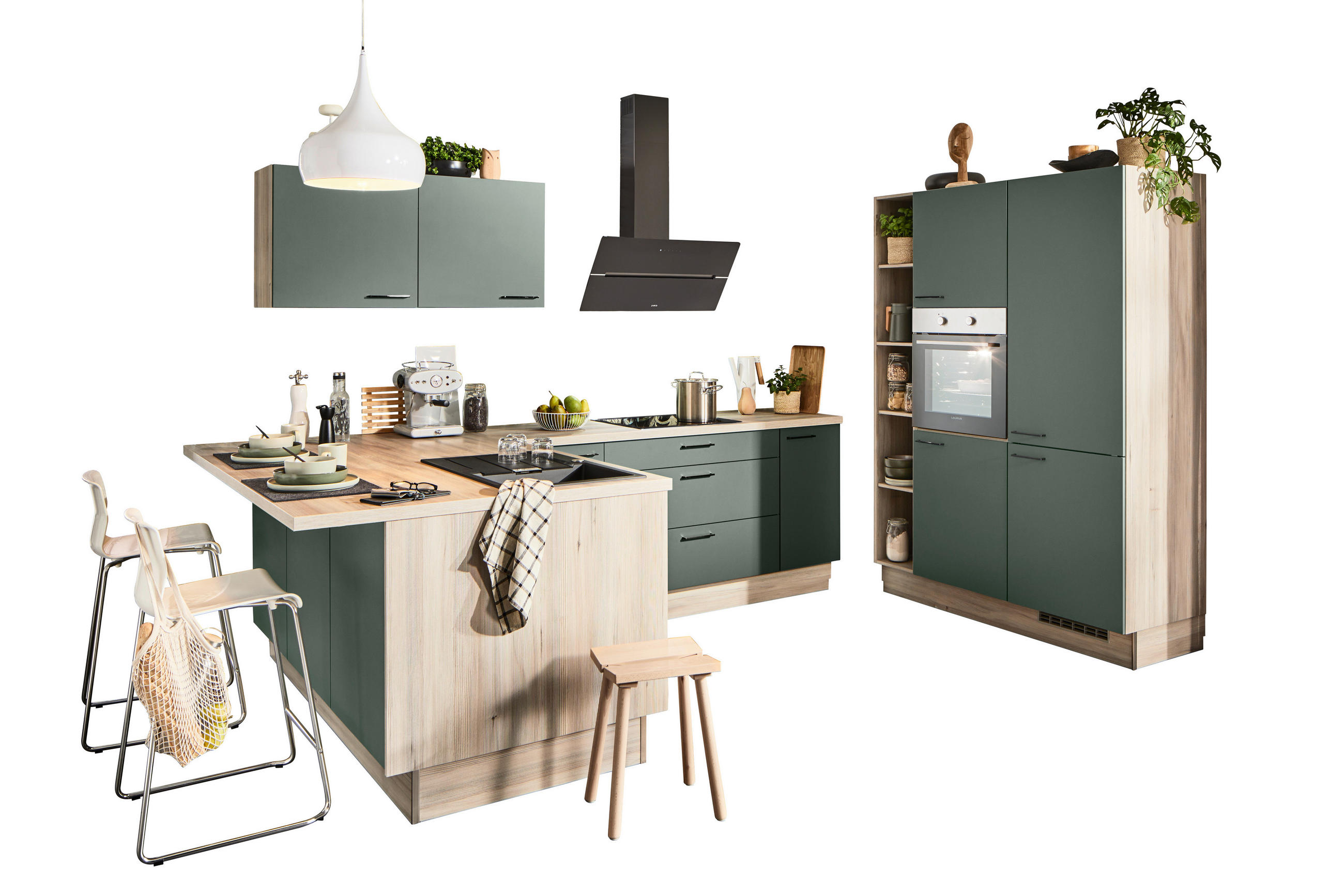 ECKKÜCHE XO 15  in Grün, Tannenholzfarben  - Tannenholzfarben/Schwarz, Design, Holzwerkstoff/Metall (121,6/280/150cm) - Xora