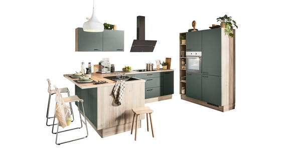 ECKKÜCHE XO 15  in Grün, Tannenholzfarben  - Tannenholzfarben/Schwarz, Design, Holzwerkstoff/Metall (121,6/280/150cm) - Xora