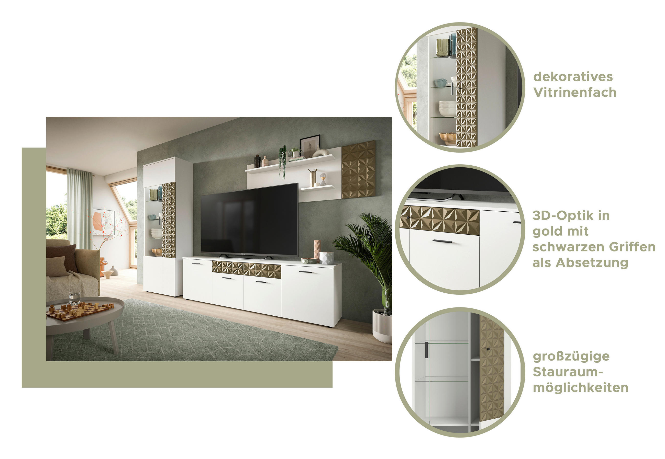 Thumbnail - Vitrinenschrank Prisma weiß gold Optik B/H/T: ca. 70x195x37 cm