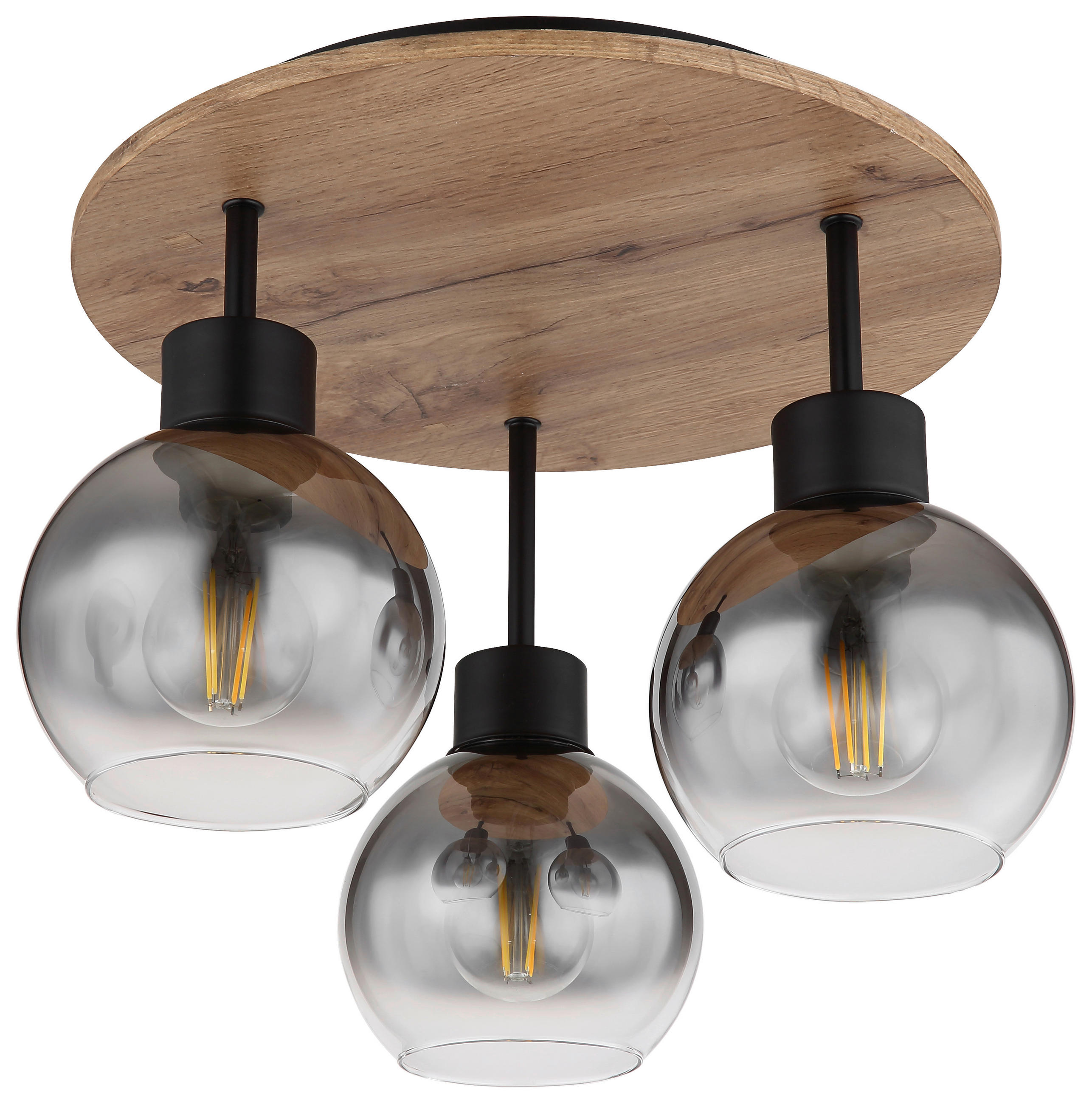 GLOBO Deckenleuchte 15656-3DR Rauch schwarz natur klar Glas Metall MDF H/D: ca. 38x38 cm E27 3 Brennstellen