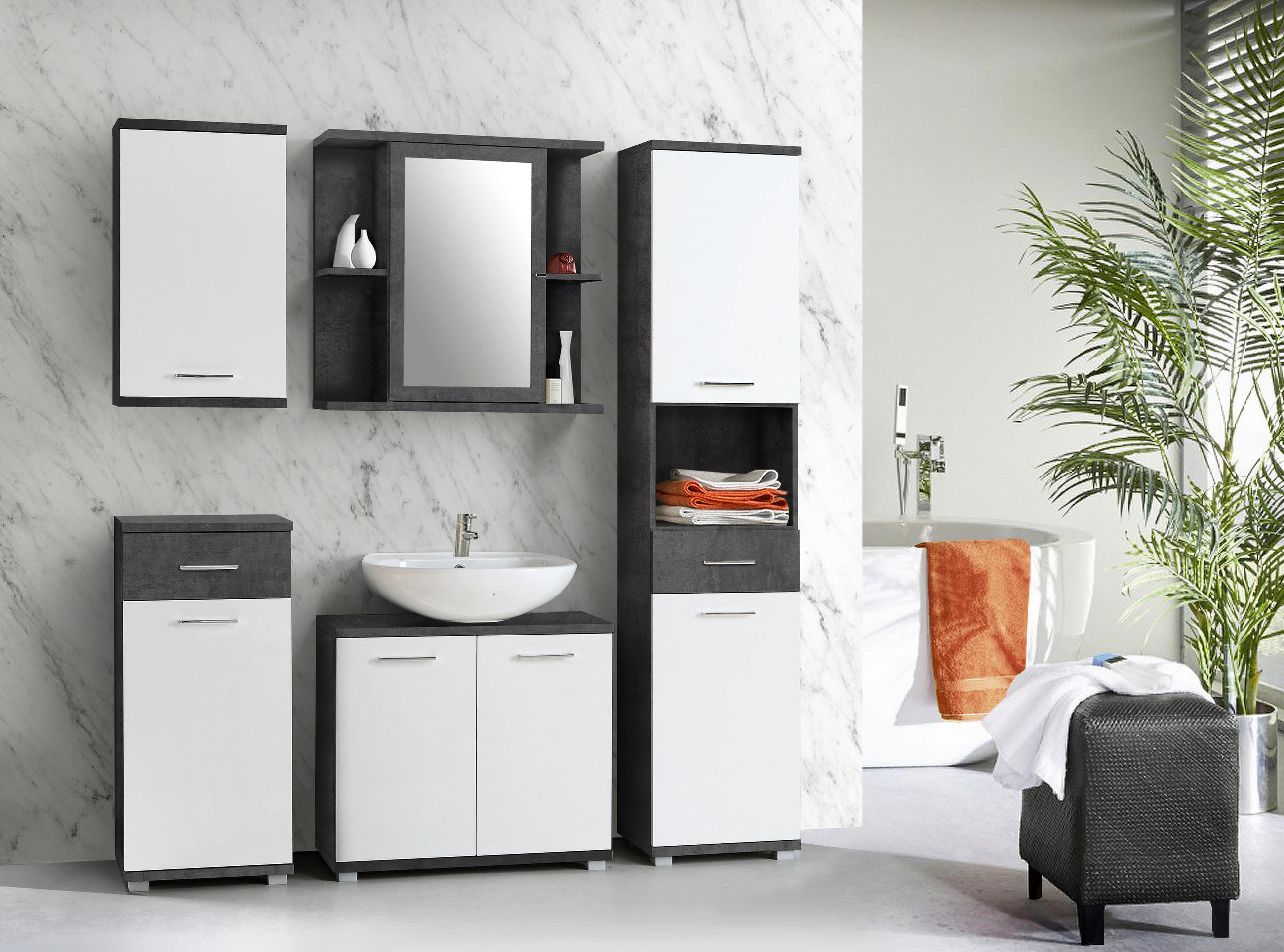 Thumbnail - Badhängeschrank  Beton dunkel Optik weiß Hochglanz B/H/T: ca. 40,2x68,8x23,2 cm