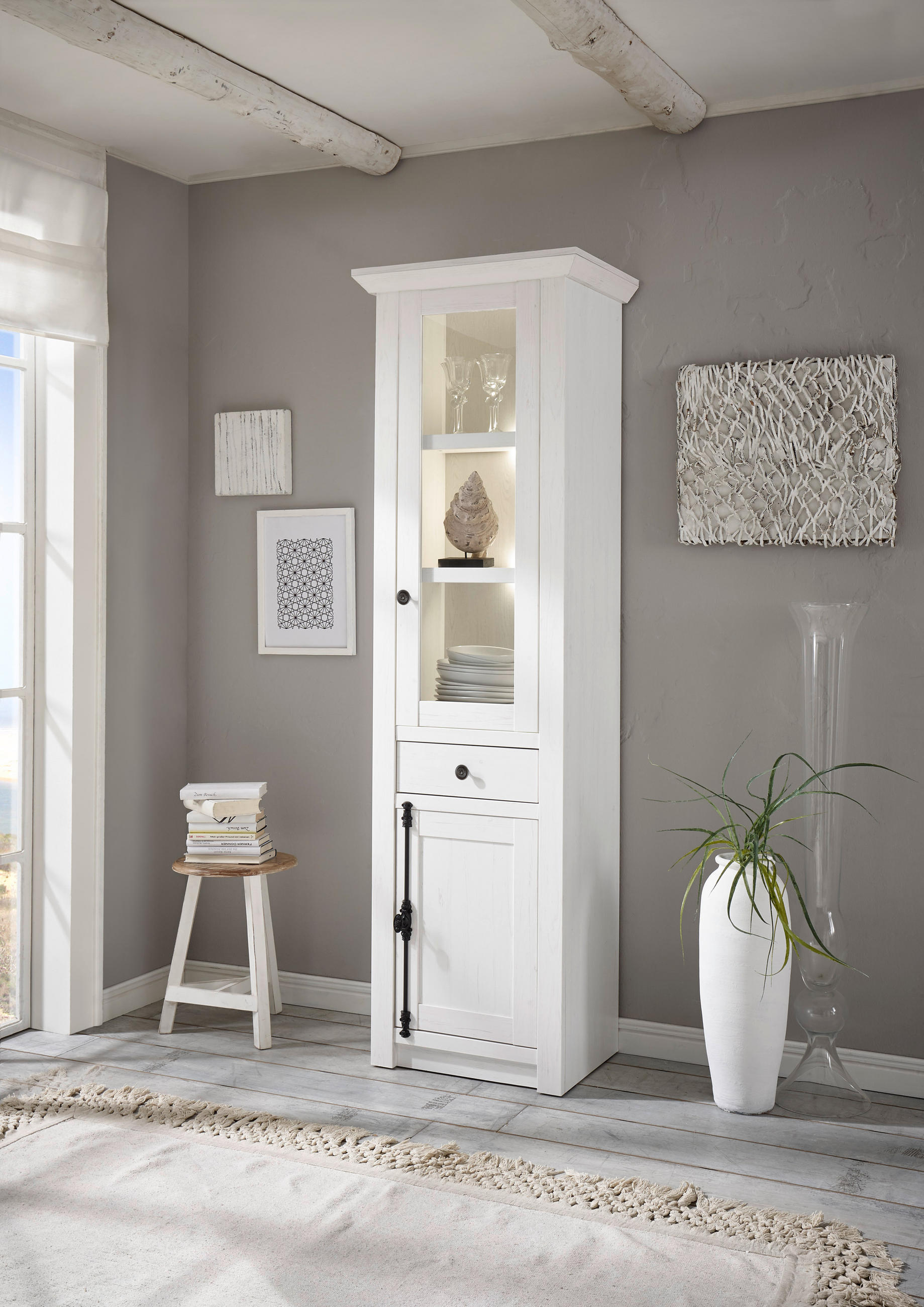 Thumbnail - Vitrinenschrank Westerland weiß Pinie Nachbildung B/H/T: ca. 63x207x45 cm