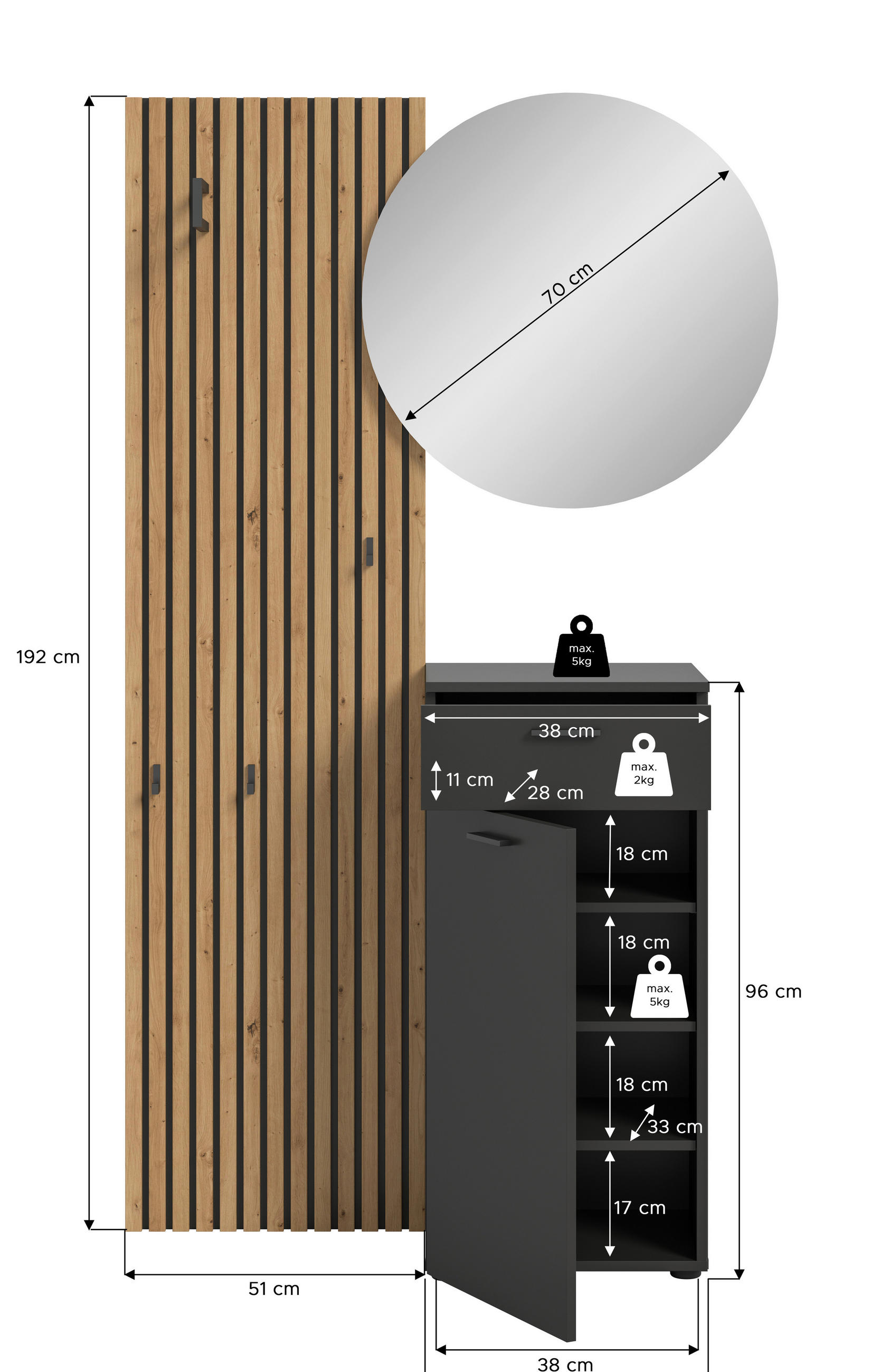 Thumbnail - Garderobe Delton Basalt Eiche Artisan Nachbildung B/H/T: ca. 96x192x37 cm