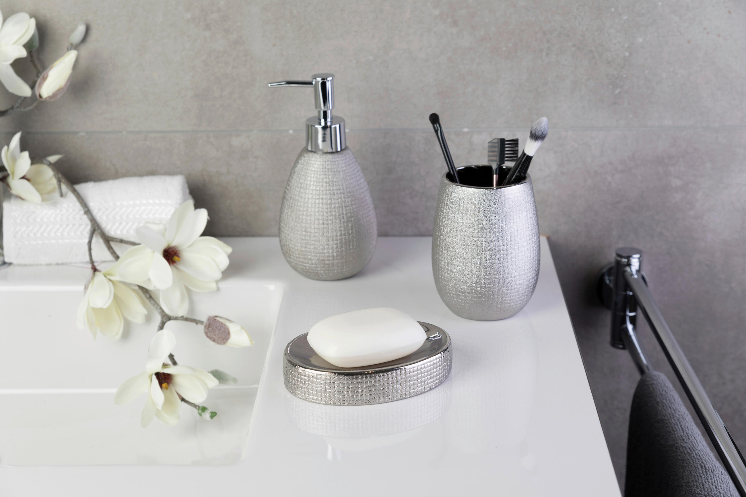 Thumbnail - Zahnputzbecher silber Steingut B/H/L: ca. 8x11x8 cm