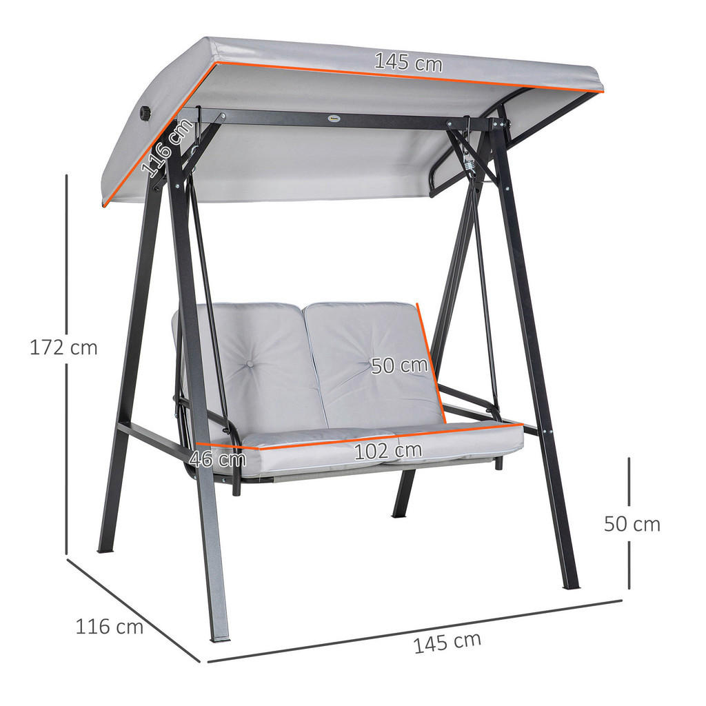 Thumbnail - Outsunny Hollywoodschaukel grau Stahl B/H/L: ca. 116x172x145 cm