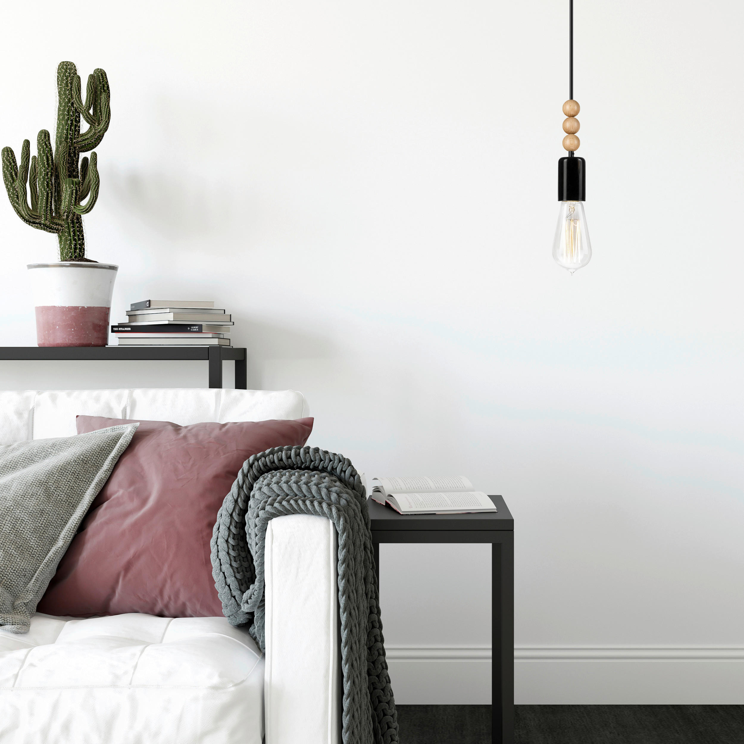 Thumbnail - Lamkur Pendelleuchte SIMON 37349 schwarz Stahl Holz H/L: ca. 94x8 cm E27 1 Brennstellen