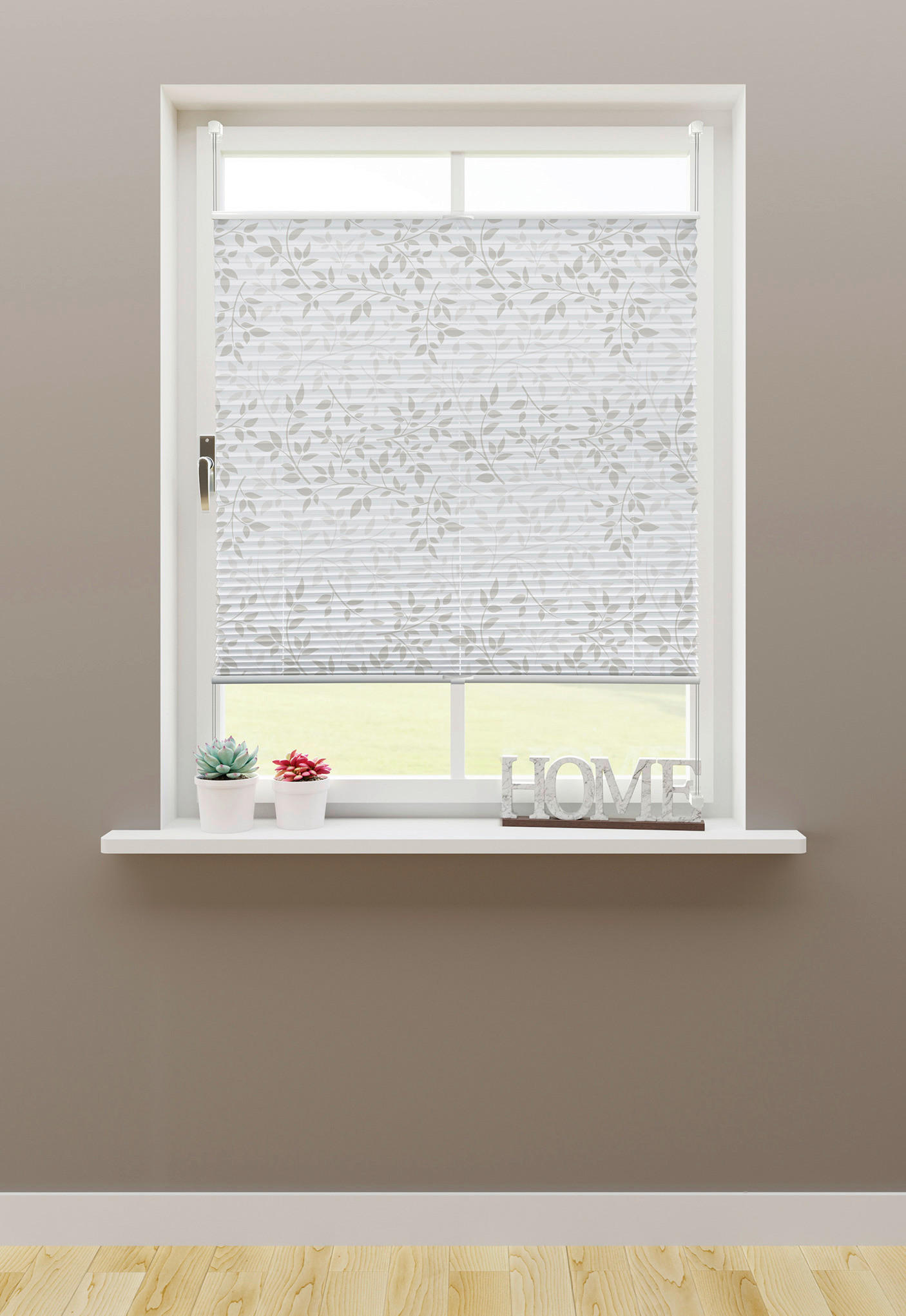 Thumbnail - Spannplissee Blätter taupe B/L: ca. 50x130 cm