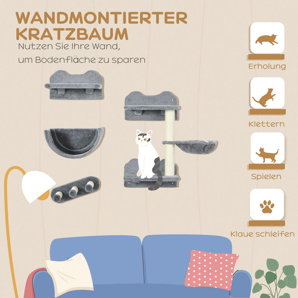 Thumbnail - PawHut Katzen Kletterwand grau Polyester B/H/L: ca. 28x73x40 cm