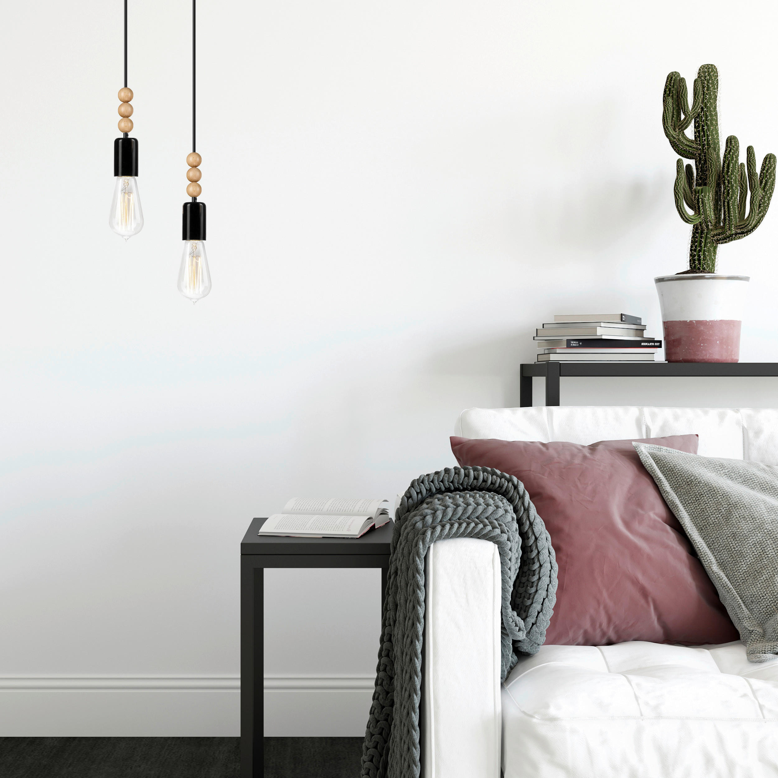 Thumbnail - Lamkur Pendelleuchte SIMON 37356 schwarz Stahl Holz H/L: ca. 94x20 cm E27 2 Brennstellen