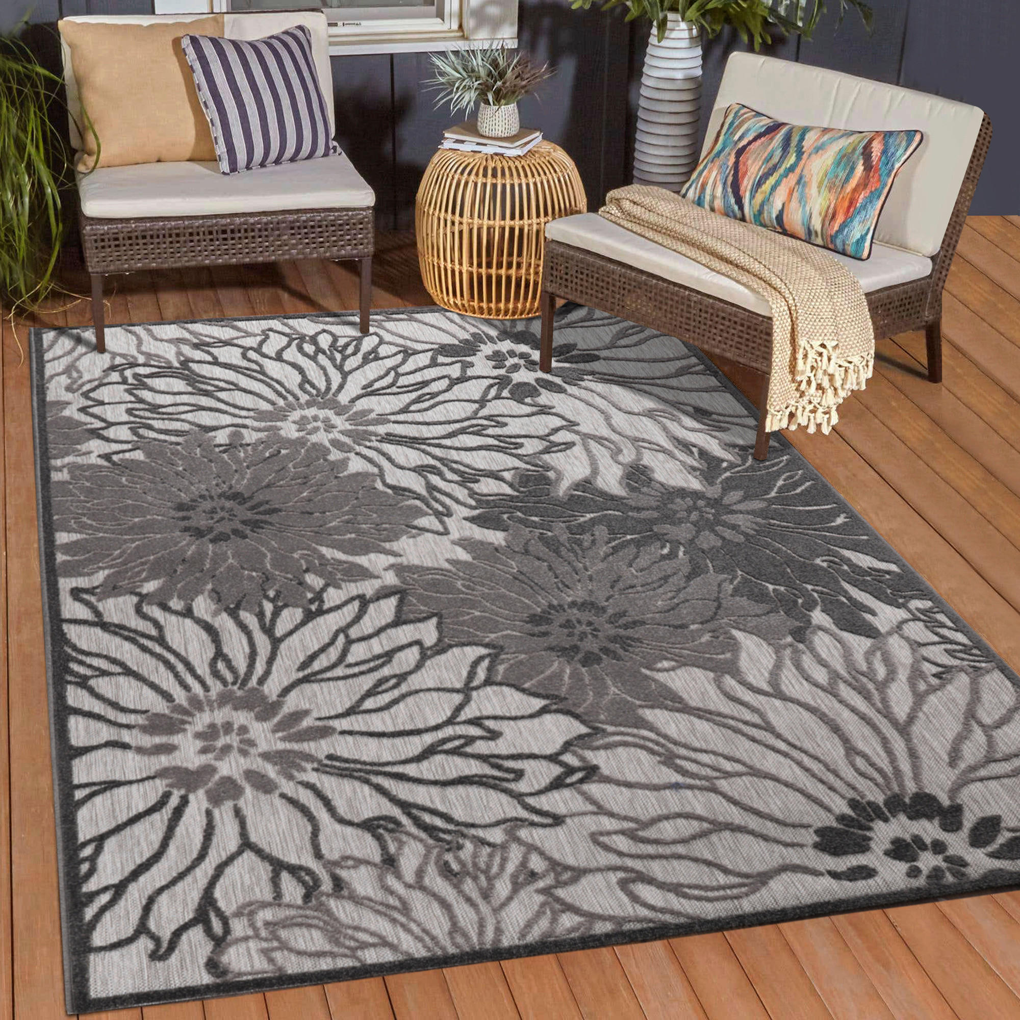 Thumbnail - Sanat Outdoorteppich FLORAL grau B/L: ca. 120x170 cm