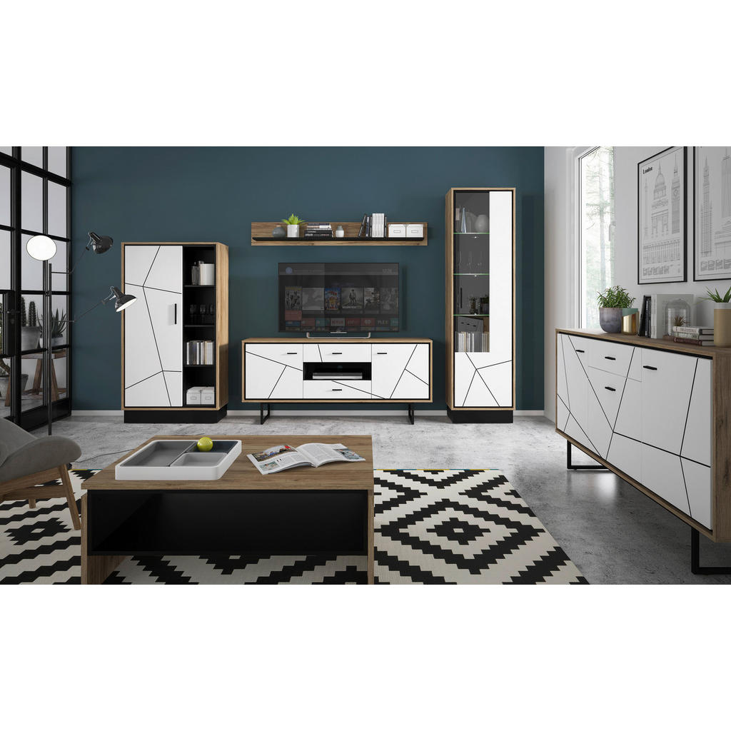 Thumbnail - Standvitrine Brolo Eiche Cartania Nachbildung weiß Hochglanz schwarz B/H/T: ca. 57x209x37 cm