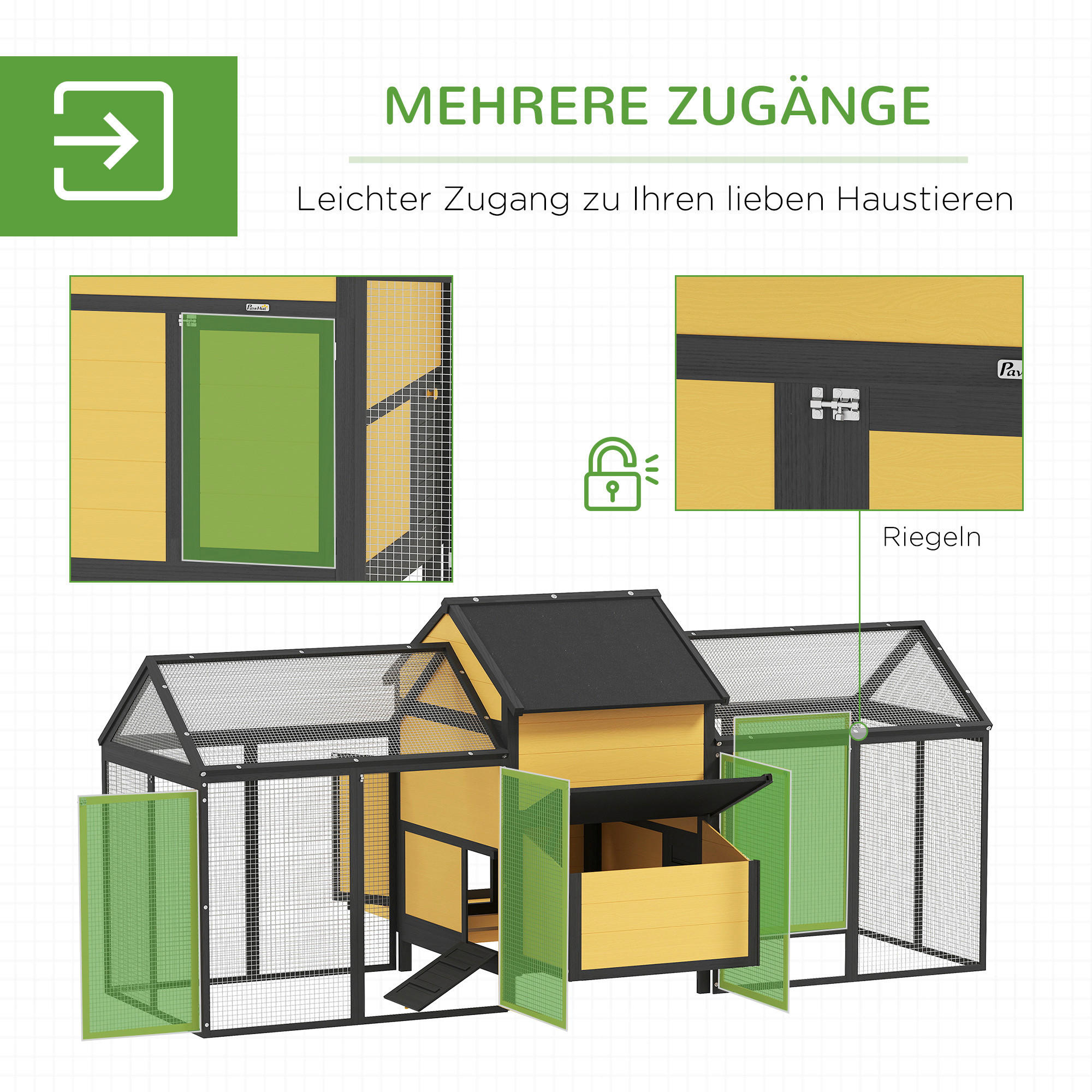 Thumbnail - PawHut Hühnerstall gelb Holz B/H/L: ca. 125x113,5x247 cm