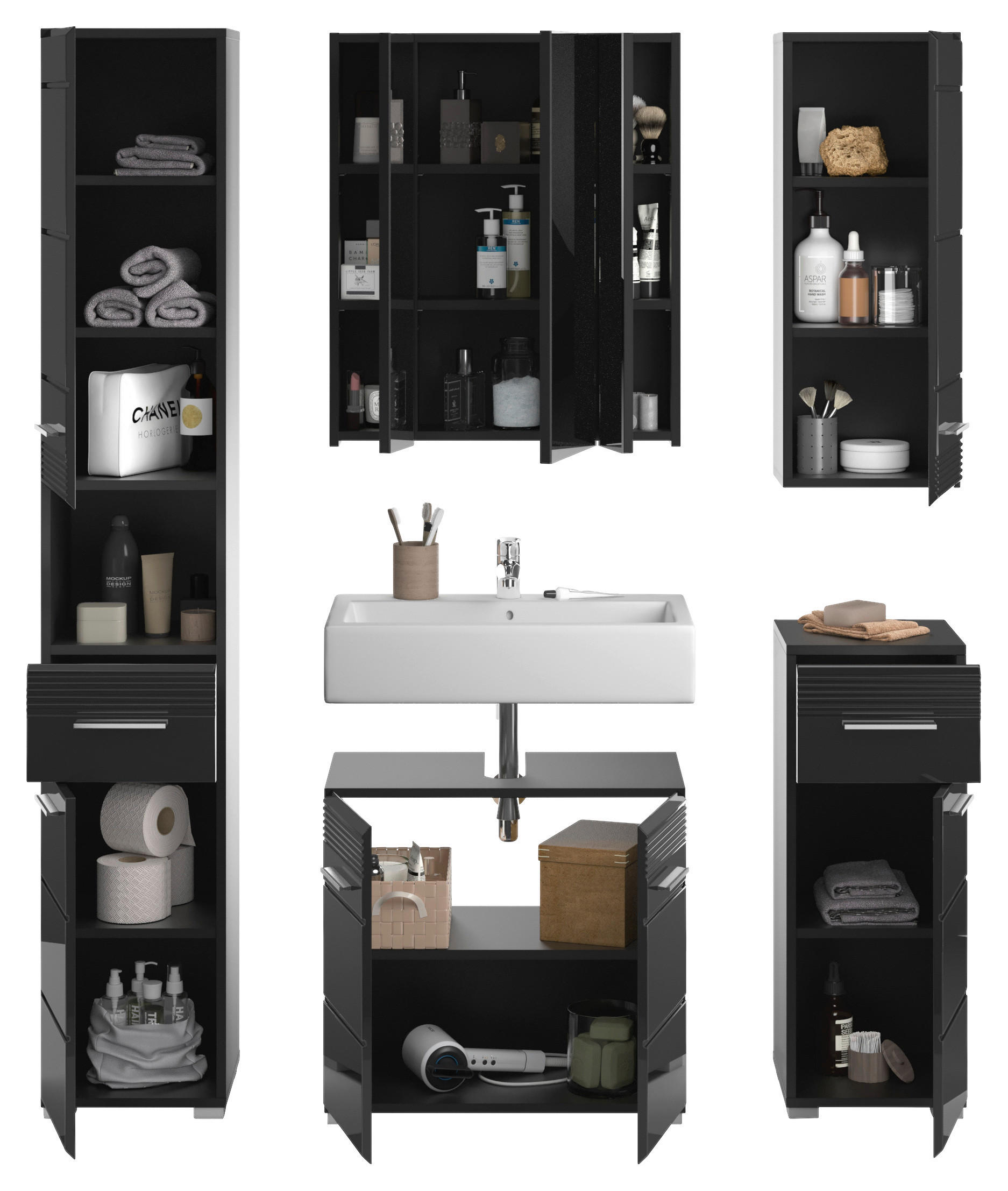 Thumbnail - Badezimmer-Set LINUS schwarz schwarz Hochglanz B/H/T: ca. 150x182x34 cm